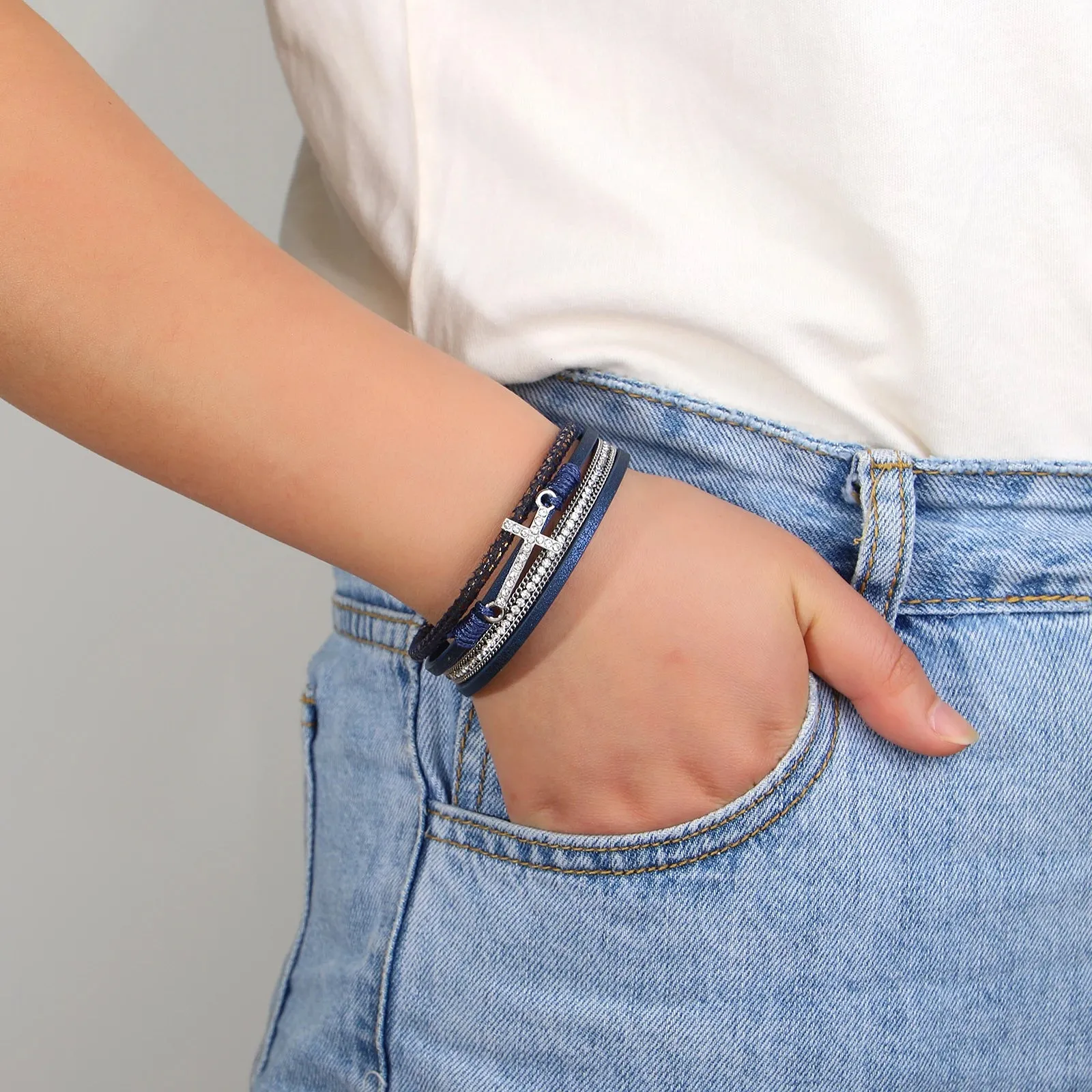 'Cross' Charm and Rhinestones Cuff Bracelet - pink