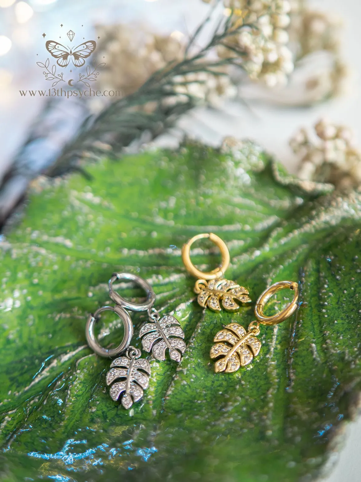 Cubic Zirconia monstera leaf huggie hoop earrings