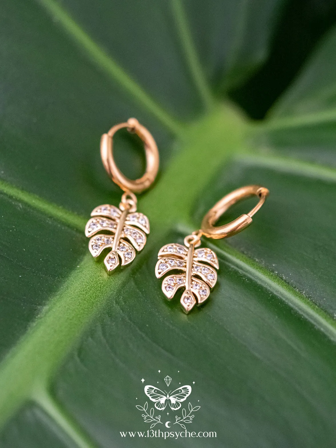 Cubic Zirconia monstera leaf huggie hoop earrings