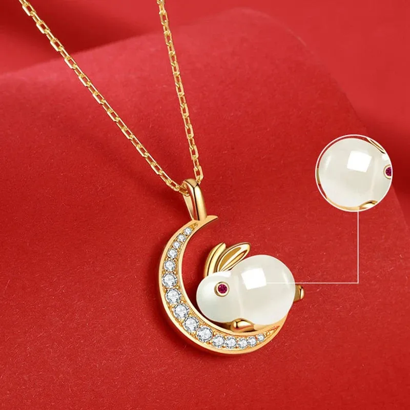 Cute Pendant Bunny Animal Stones White Jade Moon Rabbit Necklace Gift For Girls