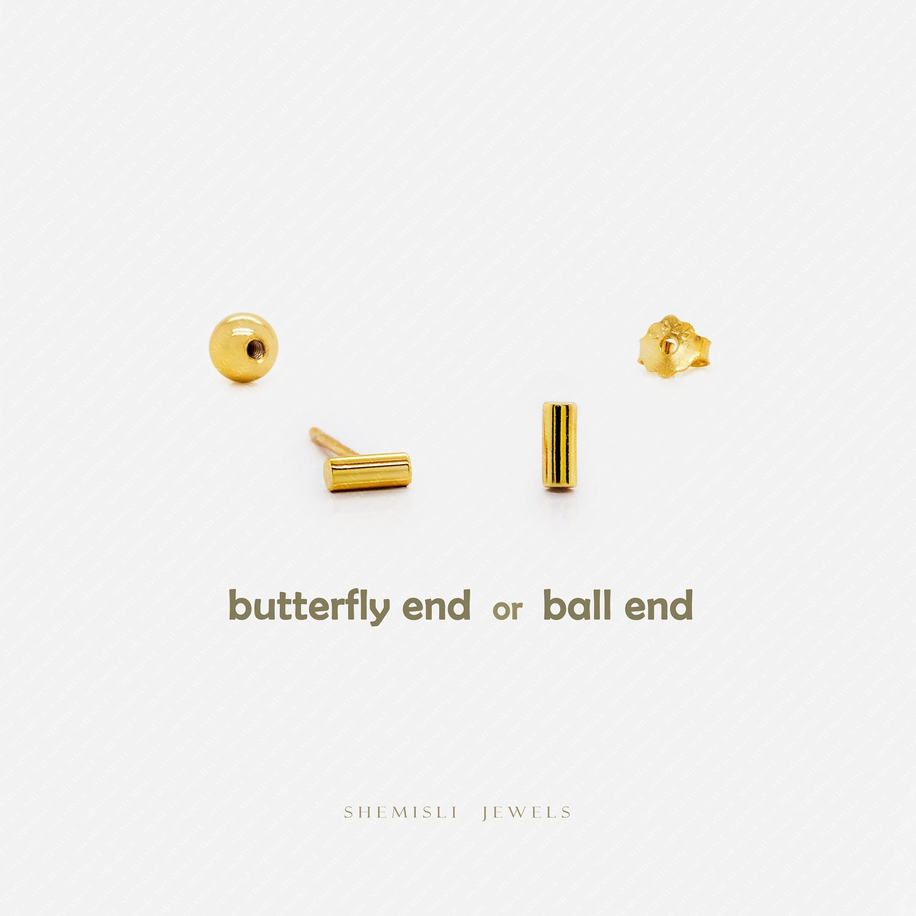 Dainty Tiny Bar Studs Earrings, Unisex, Gold, Silver SHEMISLI SS655 Butterfly End, SS656 Screw Ball End (Type A)