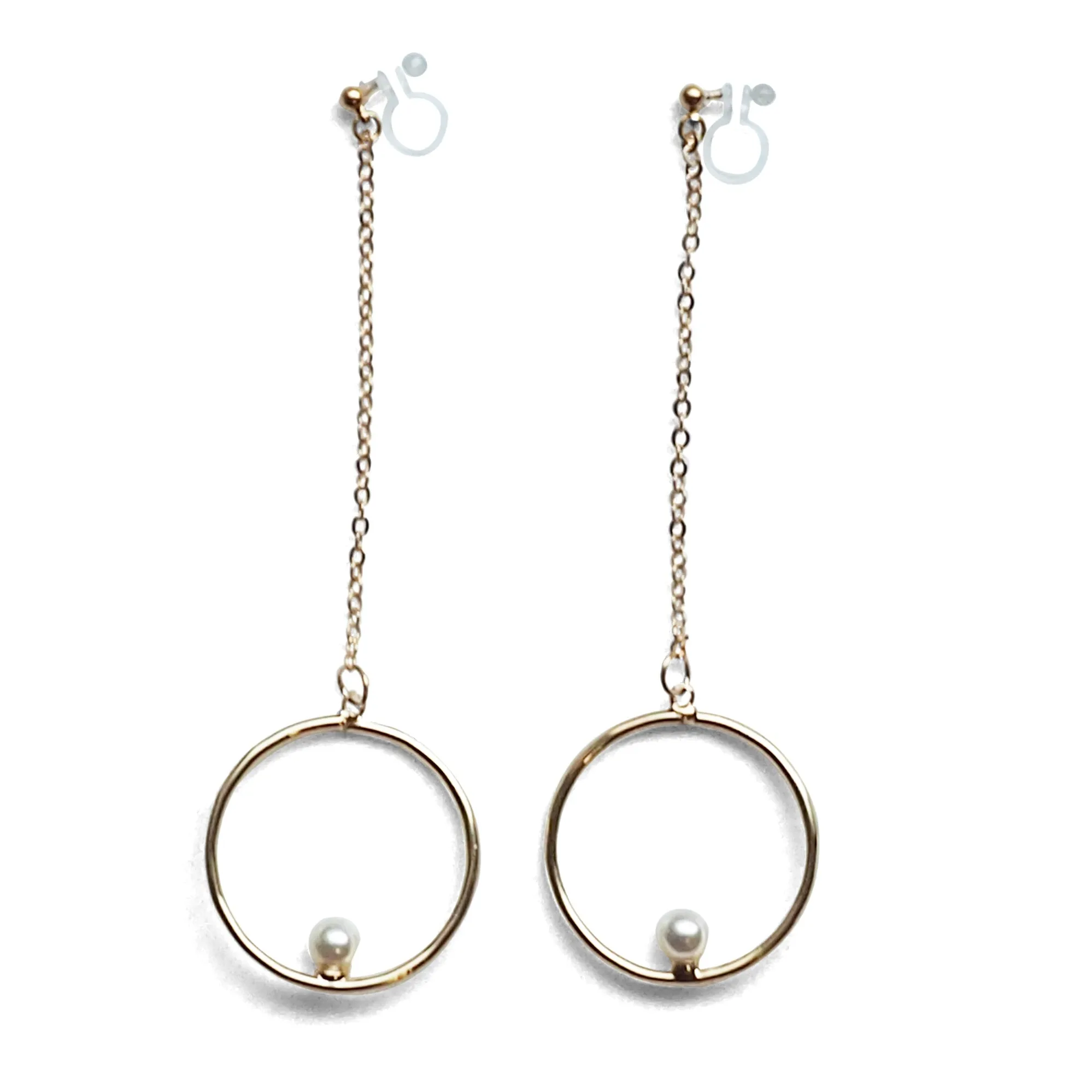 Dangle pearl on hoop invisible clip on earrings (gold tone)