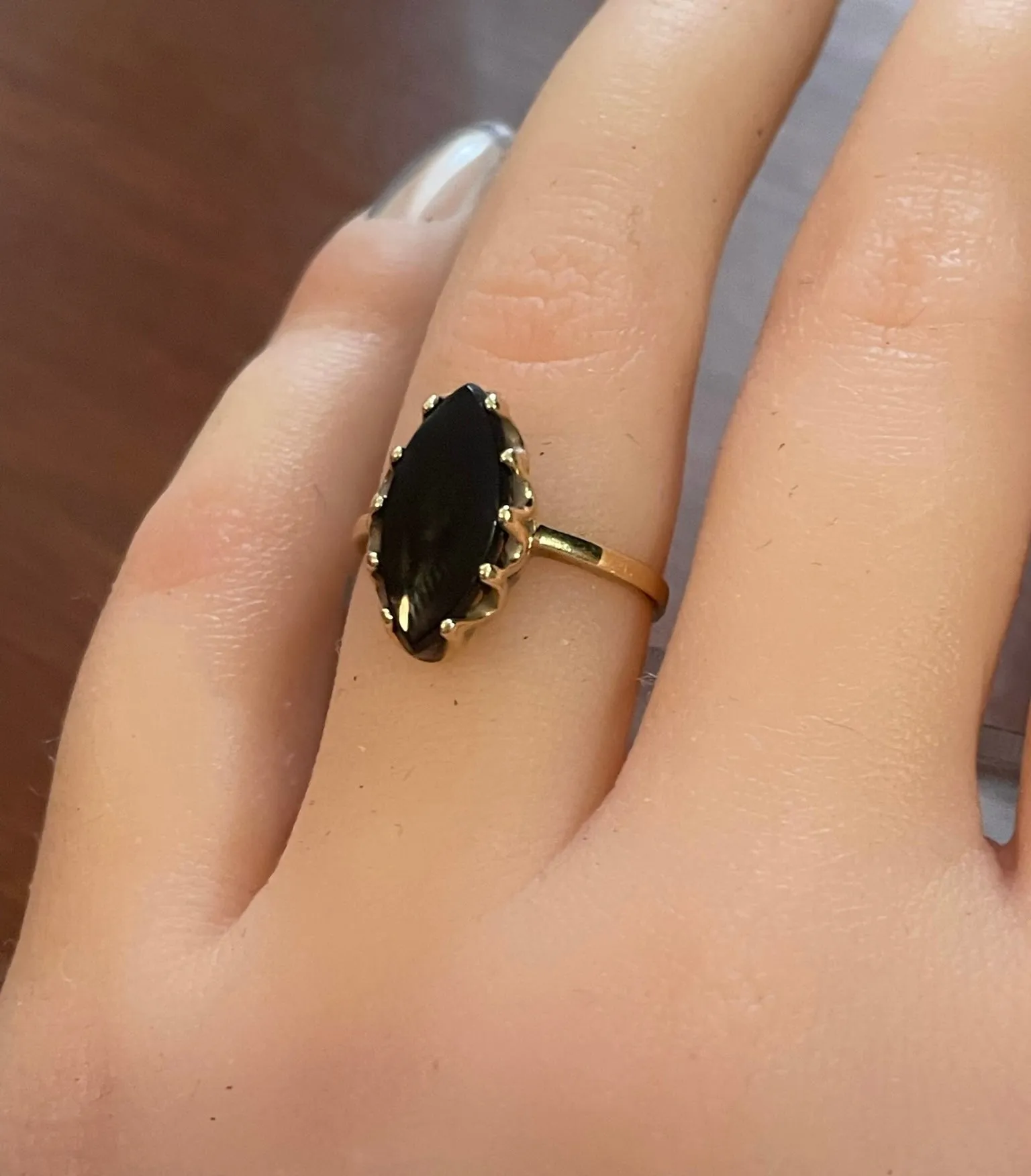 Designer AJA 10k Yellow Navette Black Onyx Stone Prong Ring Sz 5.75