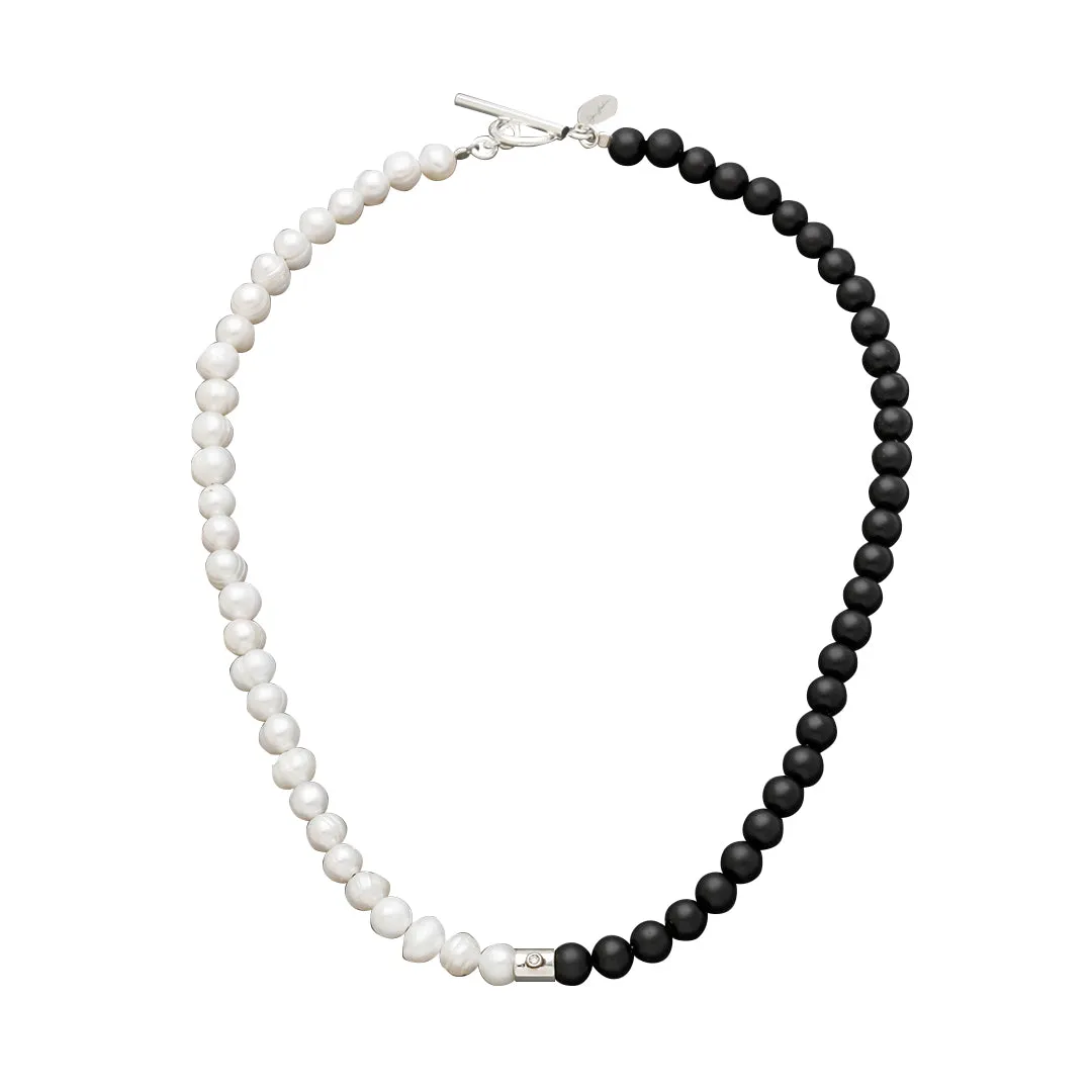 Diamond Accent Pearl & Black Agate Beaded Necklace