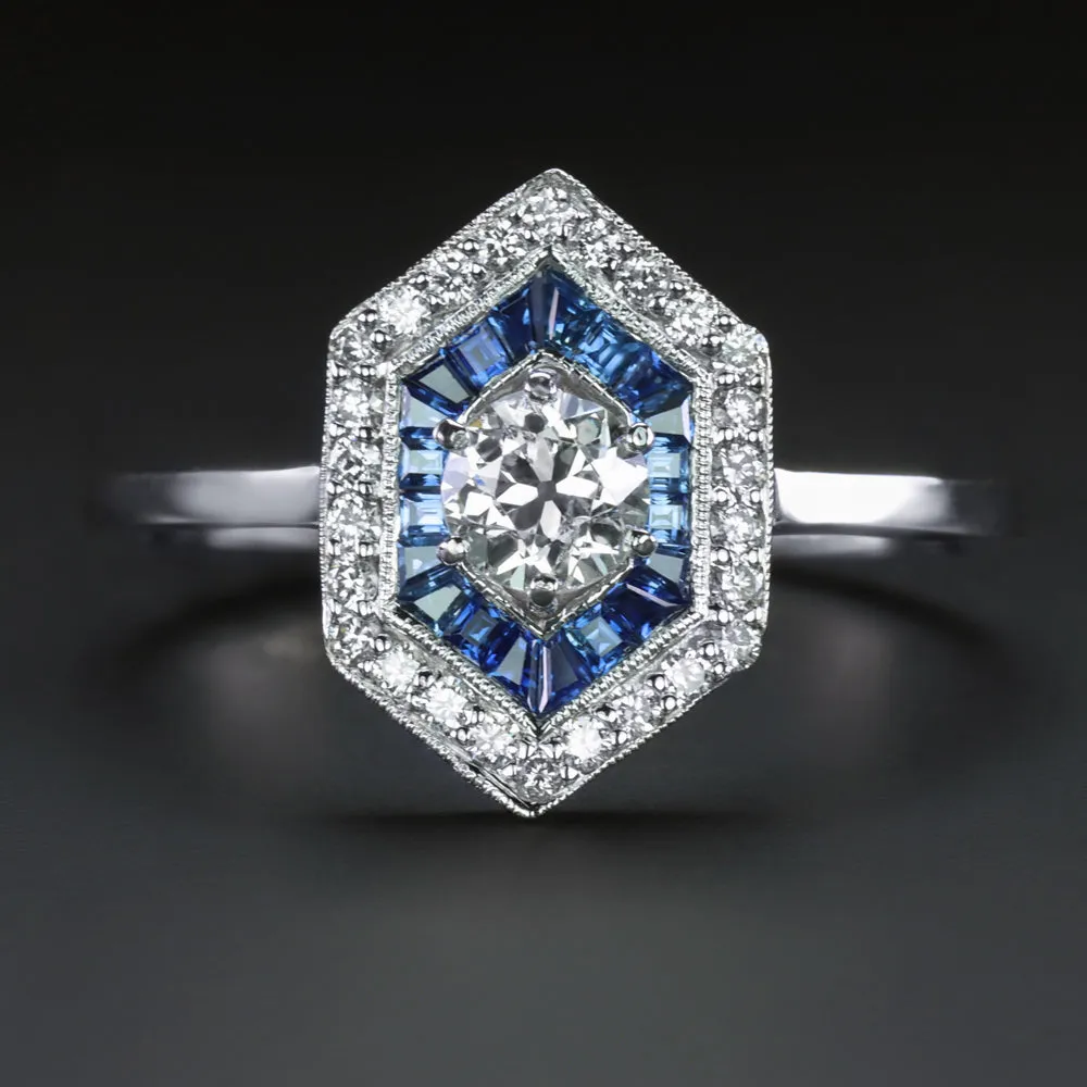 DIAMOND SAPPHIRE ART DECO STYLE COCKTAIL RING HEXAGON DOUBLE HALO 14k WHITE GOLD