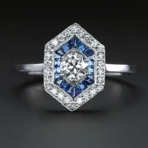 DIAMOND SAPPHIRE ART DECO STYLE COCKTAIL RING HEXAGON DOUBLE HALO 14k WHITE GOLD