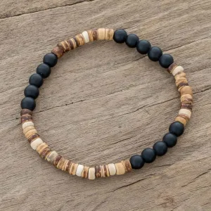 Earthen Force Onyx and Coconut Shell Beaded Stretch Bracelet