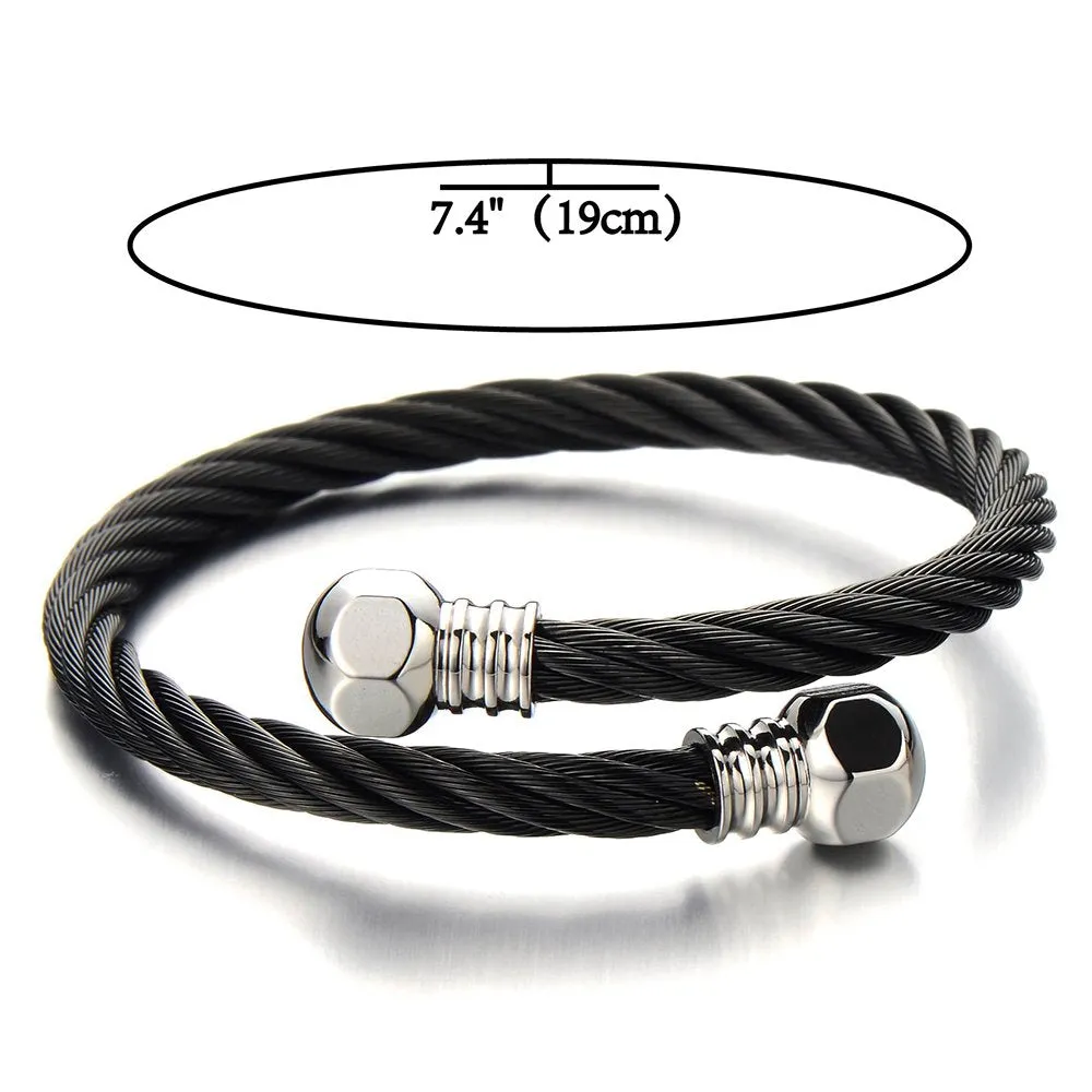 Elastic Adjustable Mens Cuff Bangle Bracelet Stainless Steel Two-Tone Polished