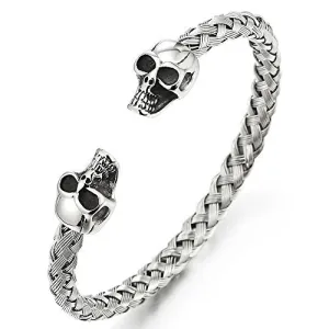 Elastic Adjustable Mens Womens Skull Cuff Bangle Bracelet Stainless Steel Braided Cable Polished