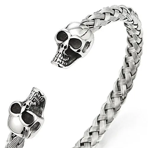 Elastic Adjustable Mens Womens Skull Cuff Bangle Bracelet Stainless Steel Braided Cable Polished