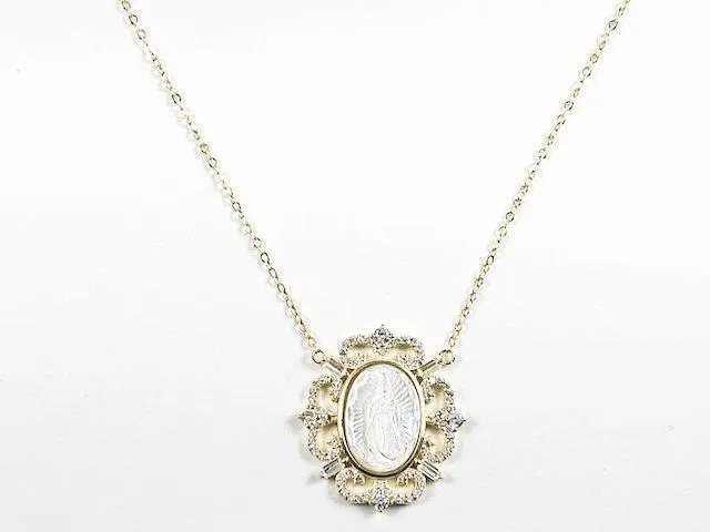 Elegant Mother Of Pearl Religious Guadalupe Figure Antique CZ Frame Gold Tone Silver Necklace