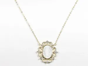 Elegant Mother Of Pearl Religious Guadalupe Figure Antique CZ Frame Gold Tone Silver Necklace