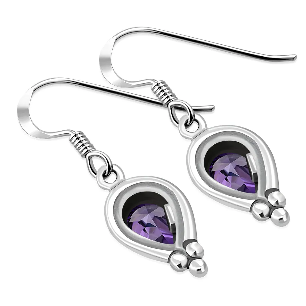 Ethnic Style Silver Earrings w Amethyst CZ