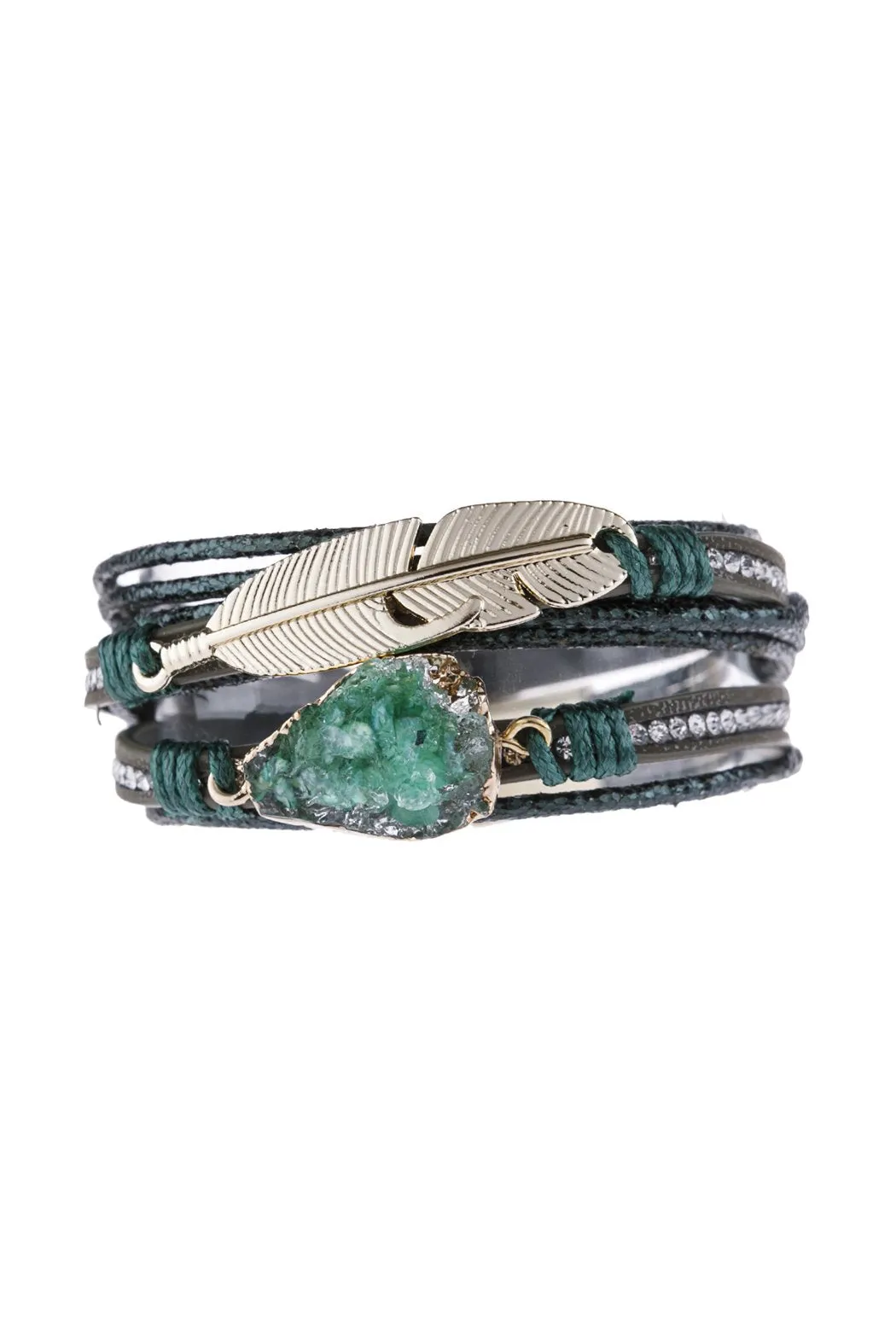 Feather Druzy Leather Wrap Magnetic Bracelet