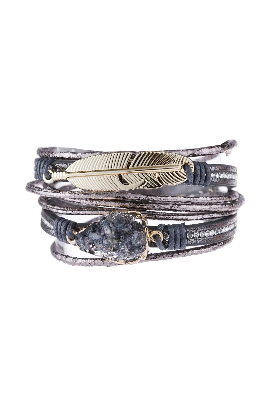 Feather Druzy Leather Wrap Magnetic Bracelet