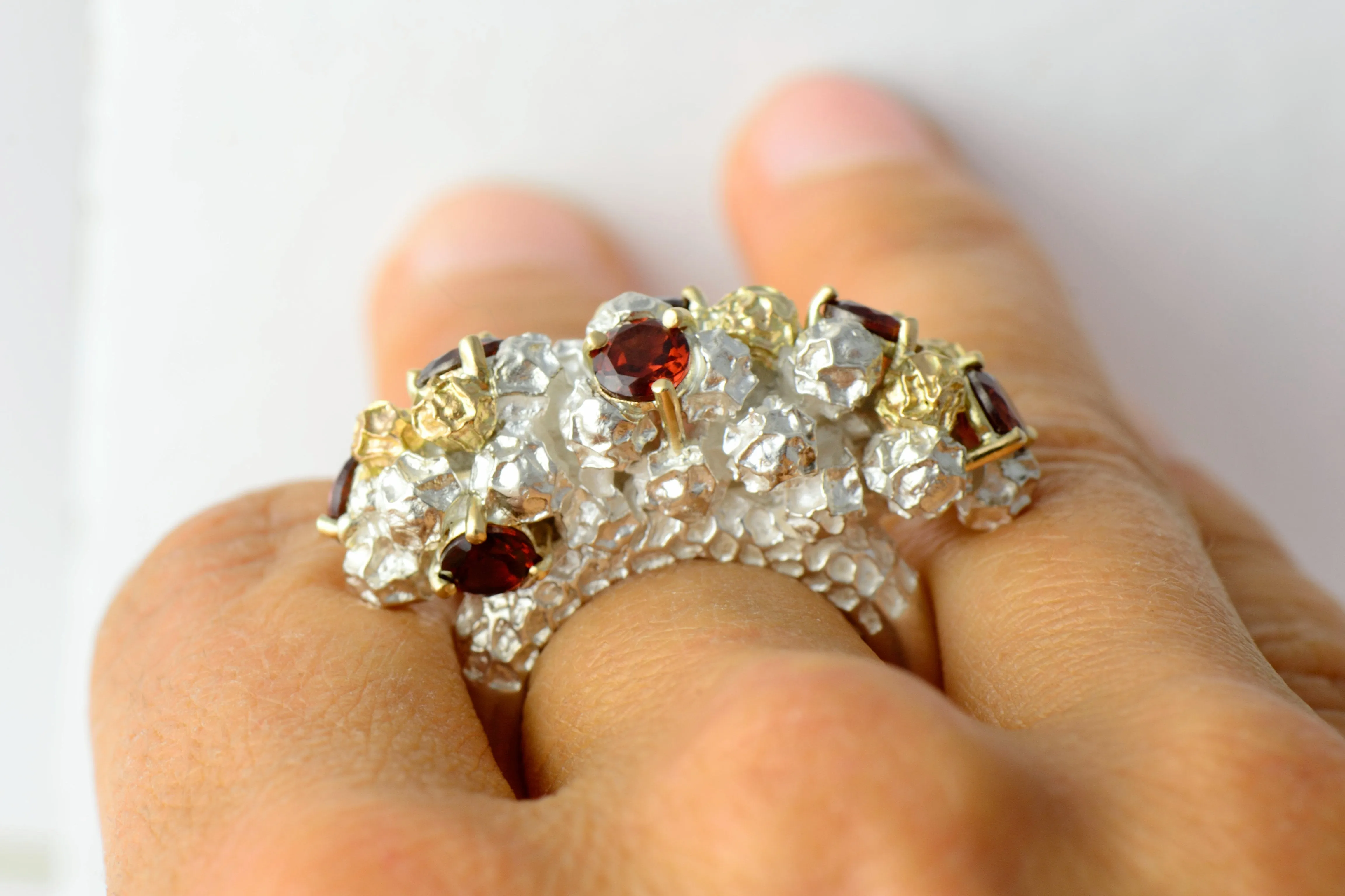 Garnet cluster cocktail ring - one of a kind solid gold and silver peppercorn ring design