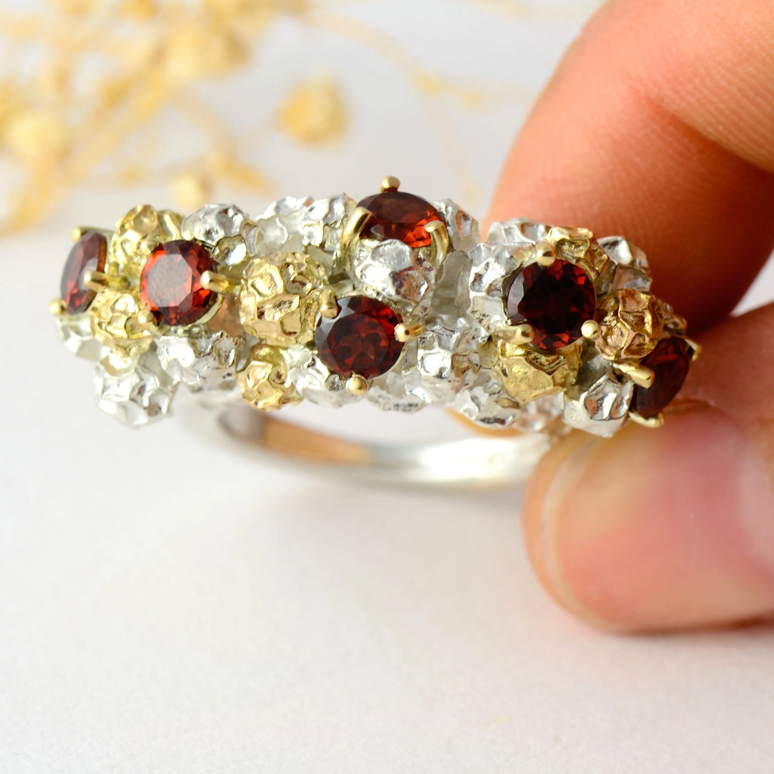 Garnet cluster cocktail ring - one of a kind solid gold and silver peppercorn ring design