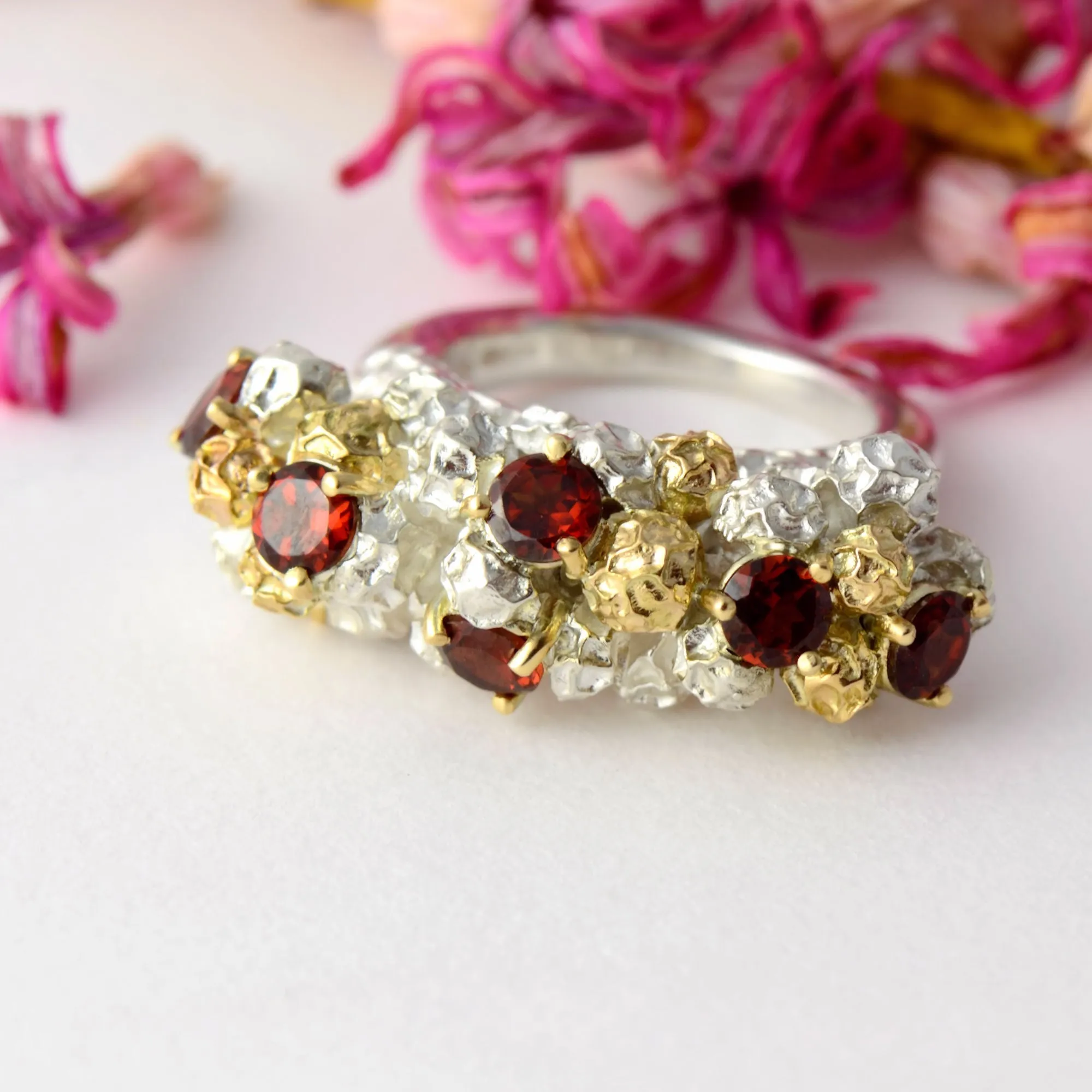 Garnet cluster cocktail ring - one of a kind solid gold and silver peppercorn ring design