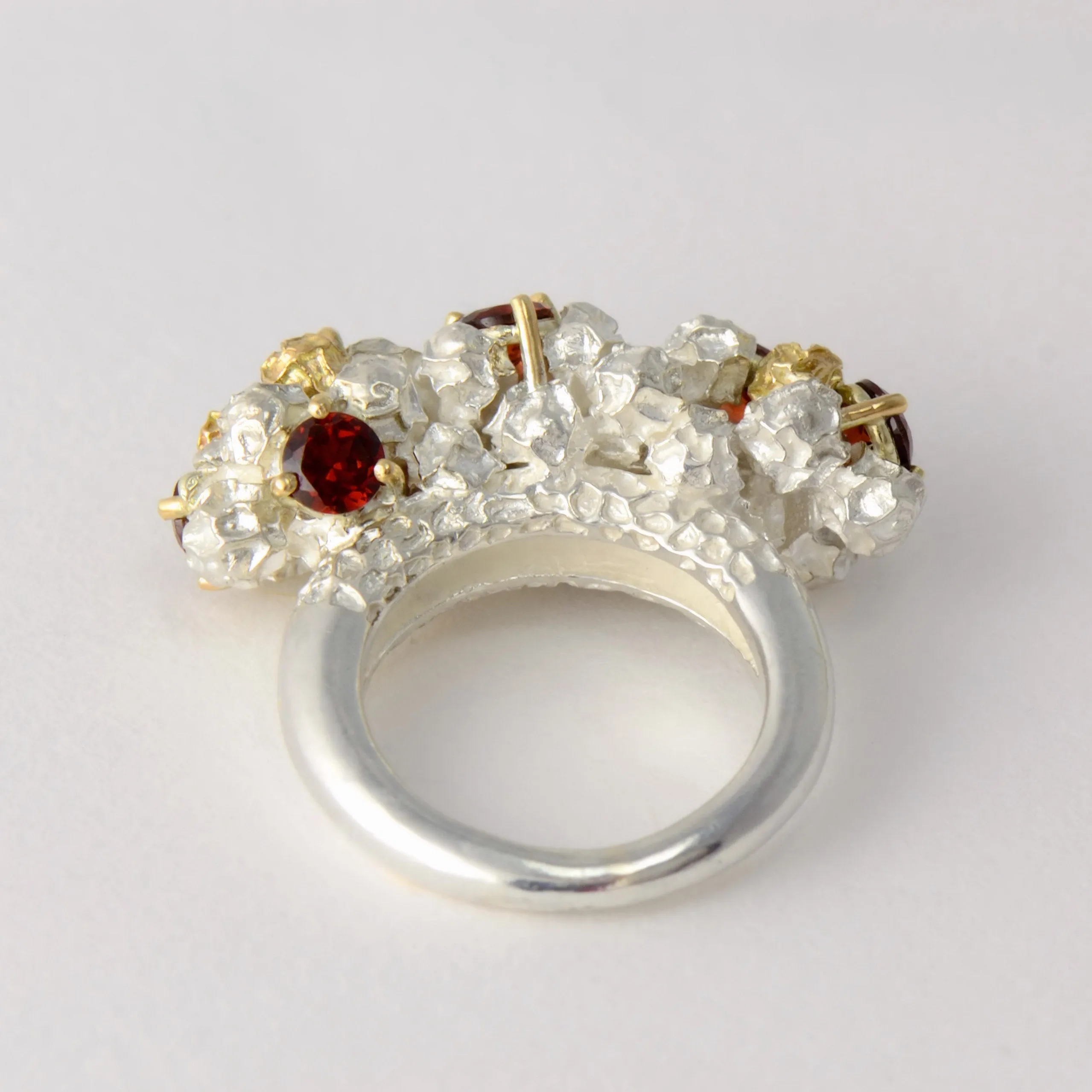 Garnet cluster cocktail ring - one of a kind solid gold and silver peppercorn ring design