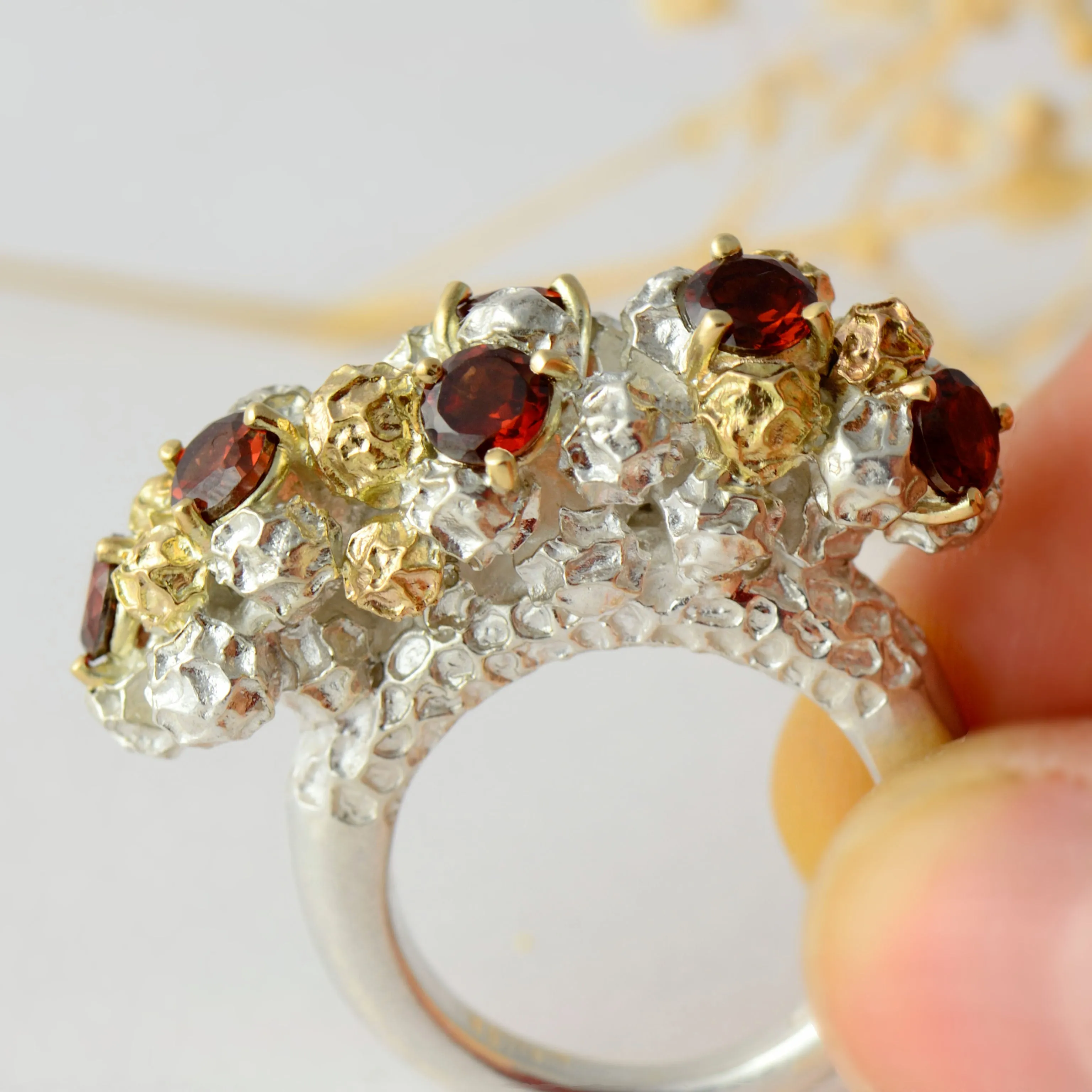 Garnet cluster cocktail ring - one of a kind solid gold and silver peppercorn ring design