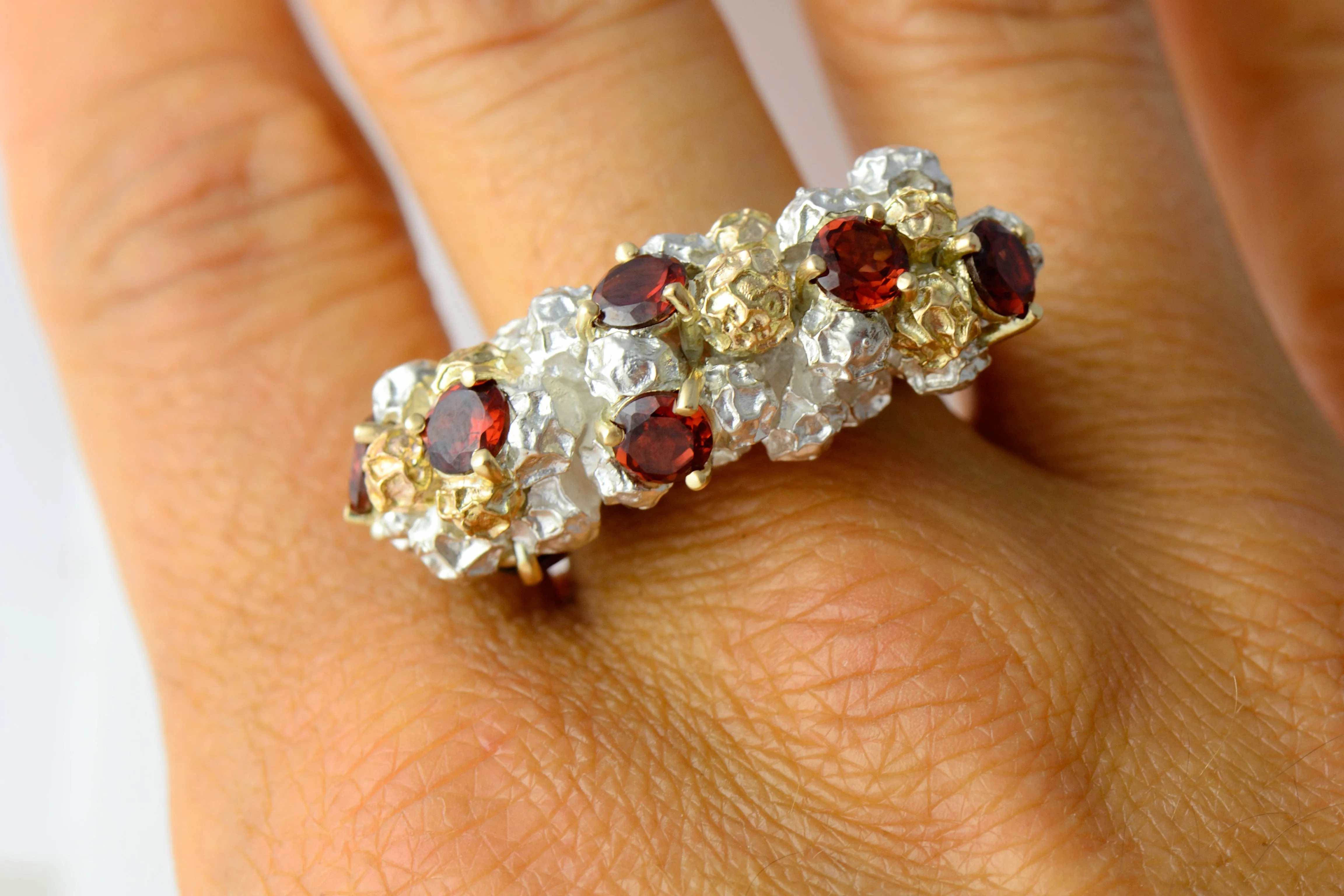 Garnet cluster cocktail ring - one of a kind solid gold and silver peppercorn ring design