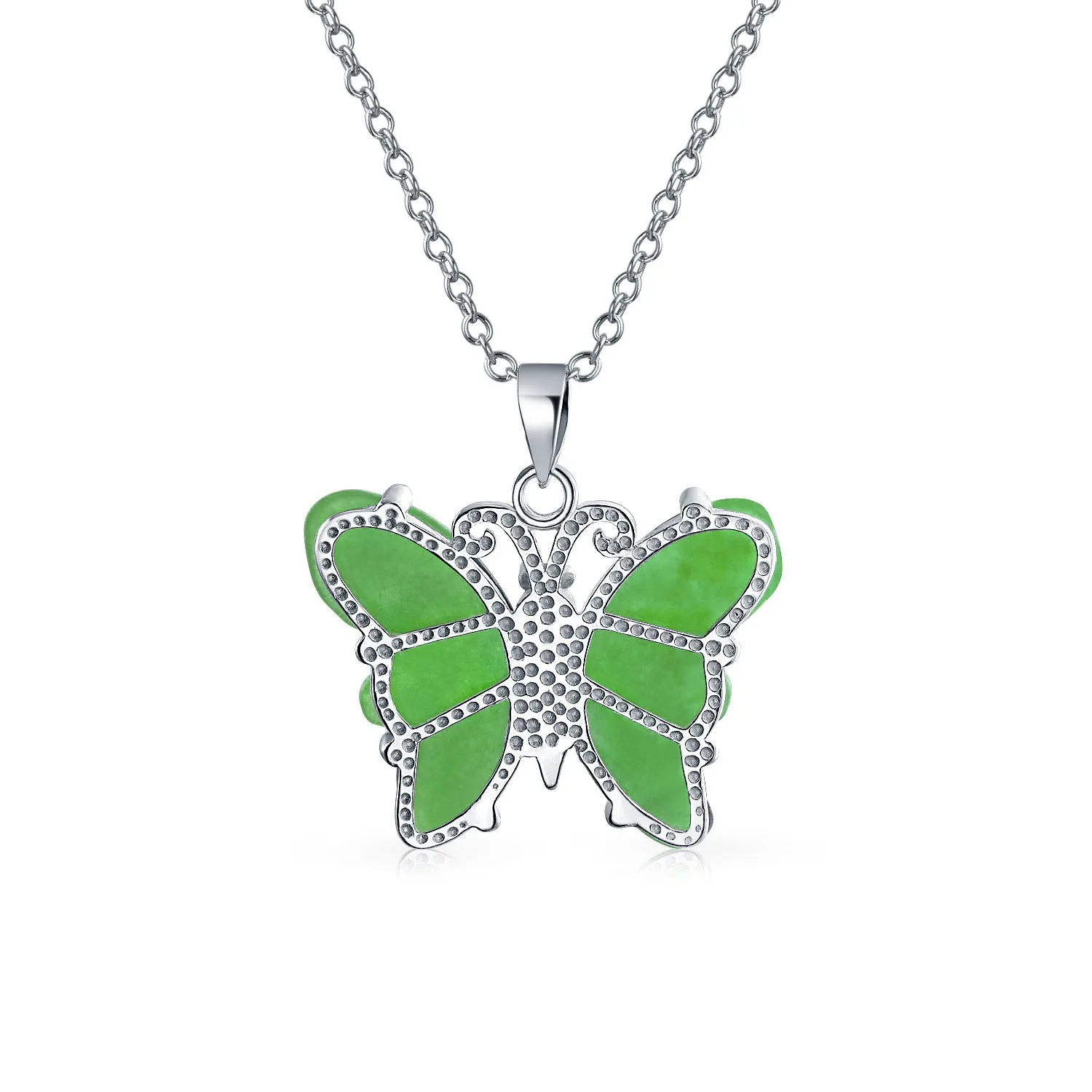 Gemstone Carved Pink Quartz & Jade Butterfly Pendant Necklace in Sterling Silver