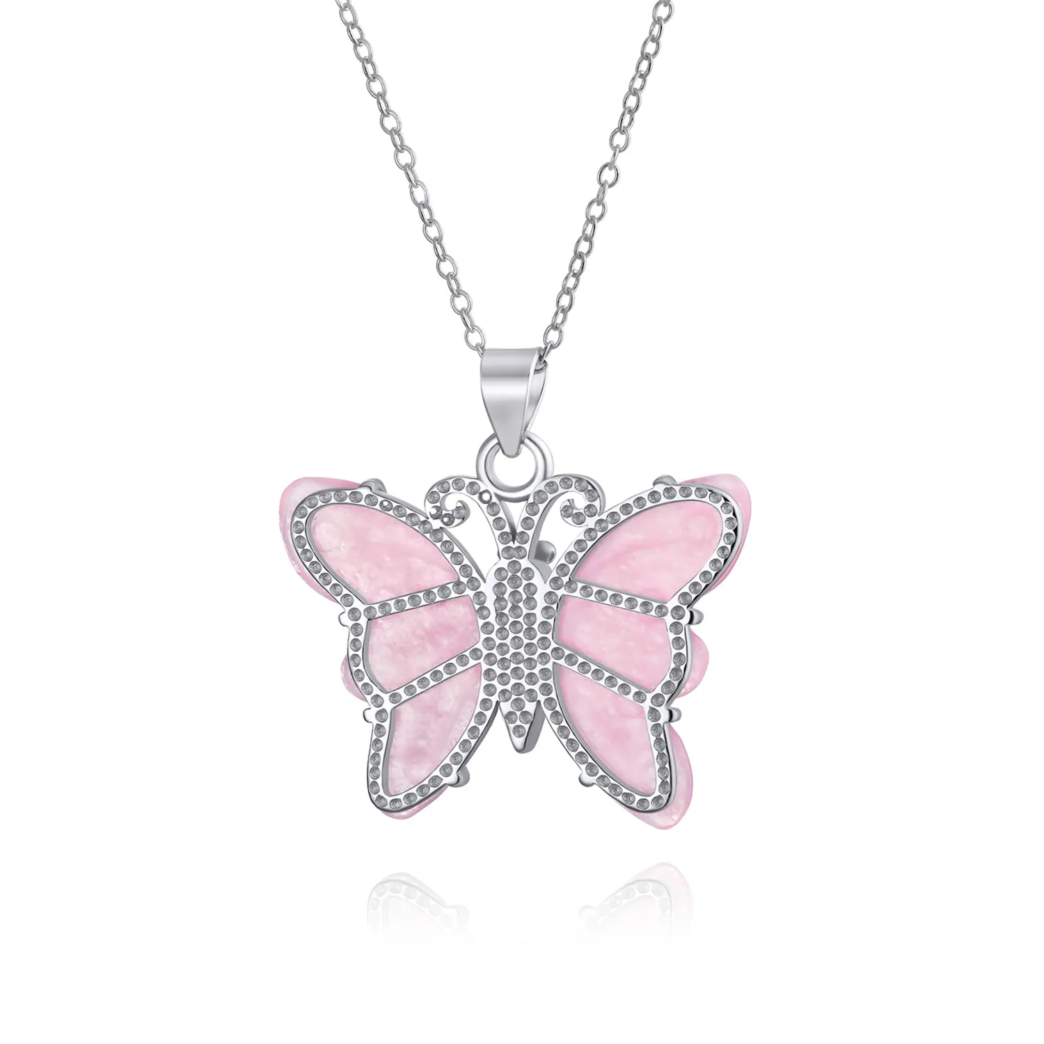 Gemstone Carved Pink Quartz & Jade Butterfly Pendant Necklace in Sterling Silver