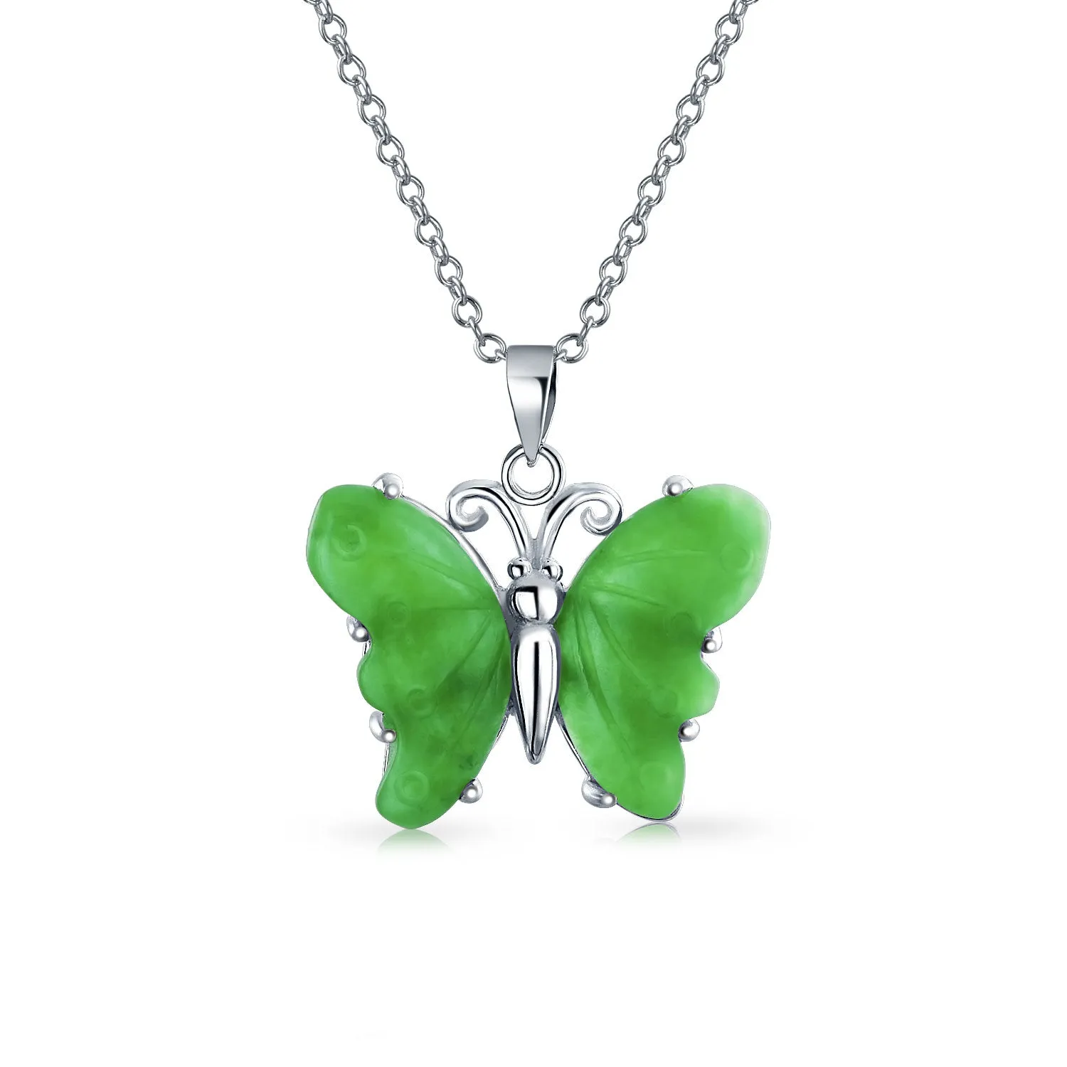 Gemstone Carved Pink Quartz & Jade Butterfly Pendant Necklace in Sterling Silver