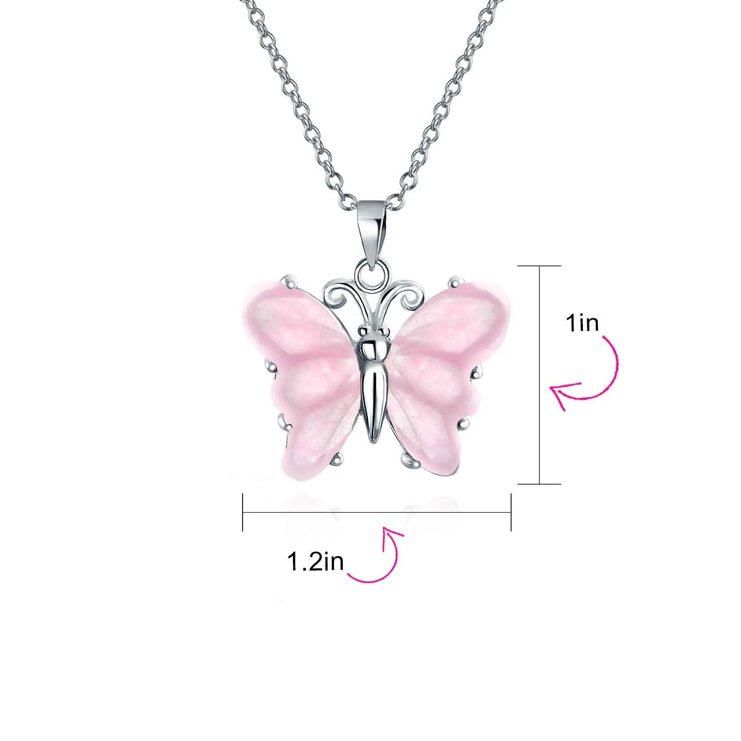 Gemstone Carved Pink Quartz & Jade Butterfly Pendant Necklace in Sterling Silver