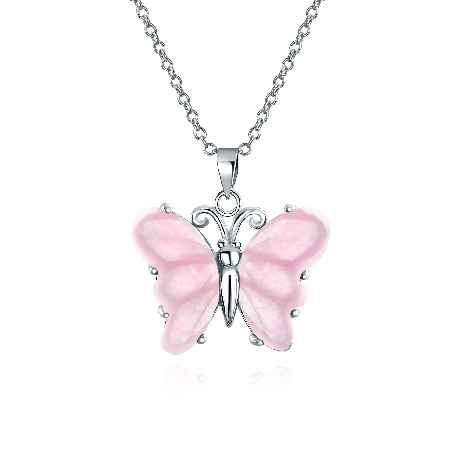 Gemstone Carved Pink Quartz & Jade Butterfly Pendant Necklace in Sterling Silver