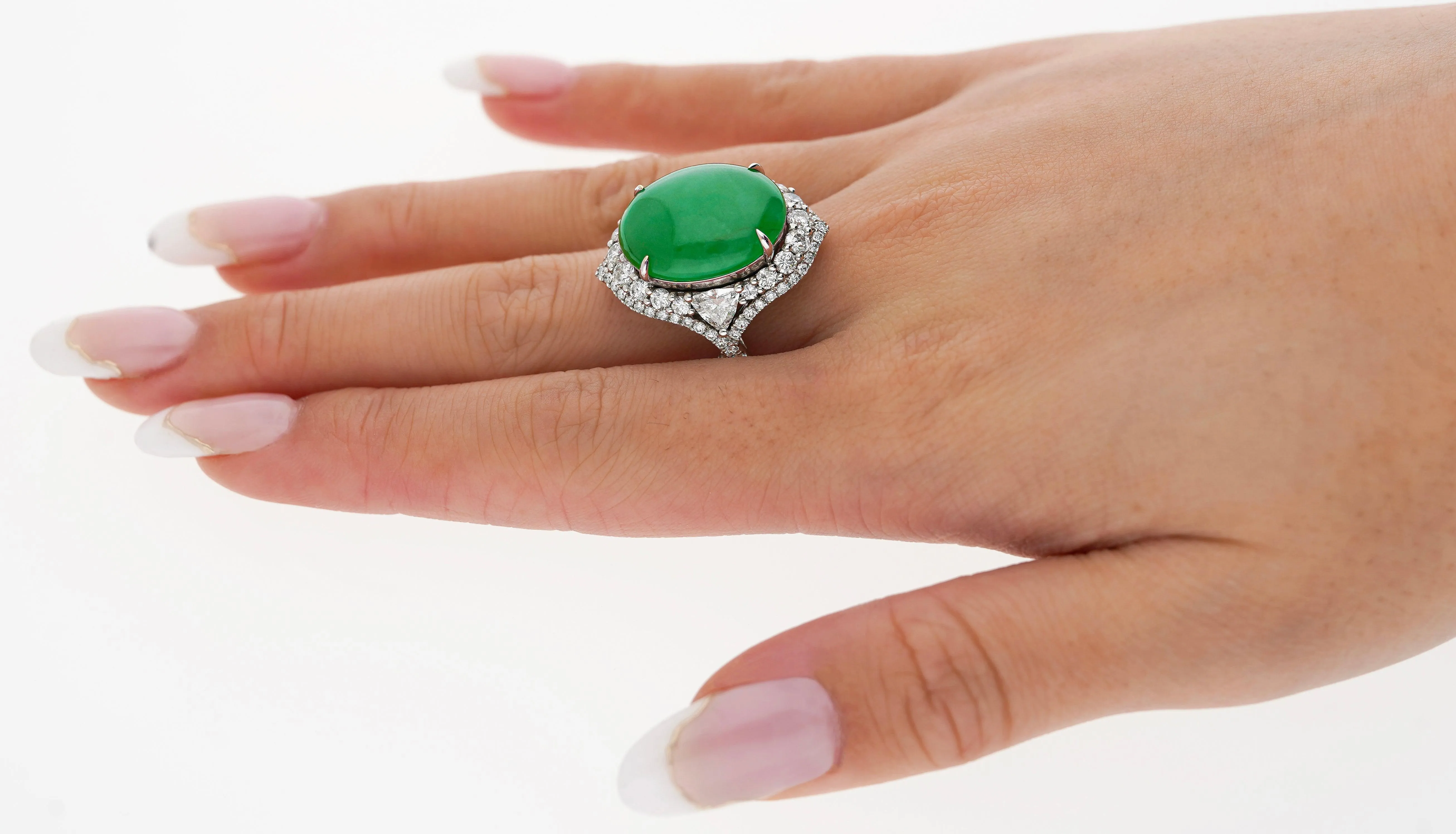 GIA Certified 14.68 Carat Grade A Jadeite Jade Ring with Diamond in 18K Gold