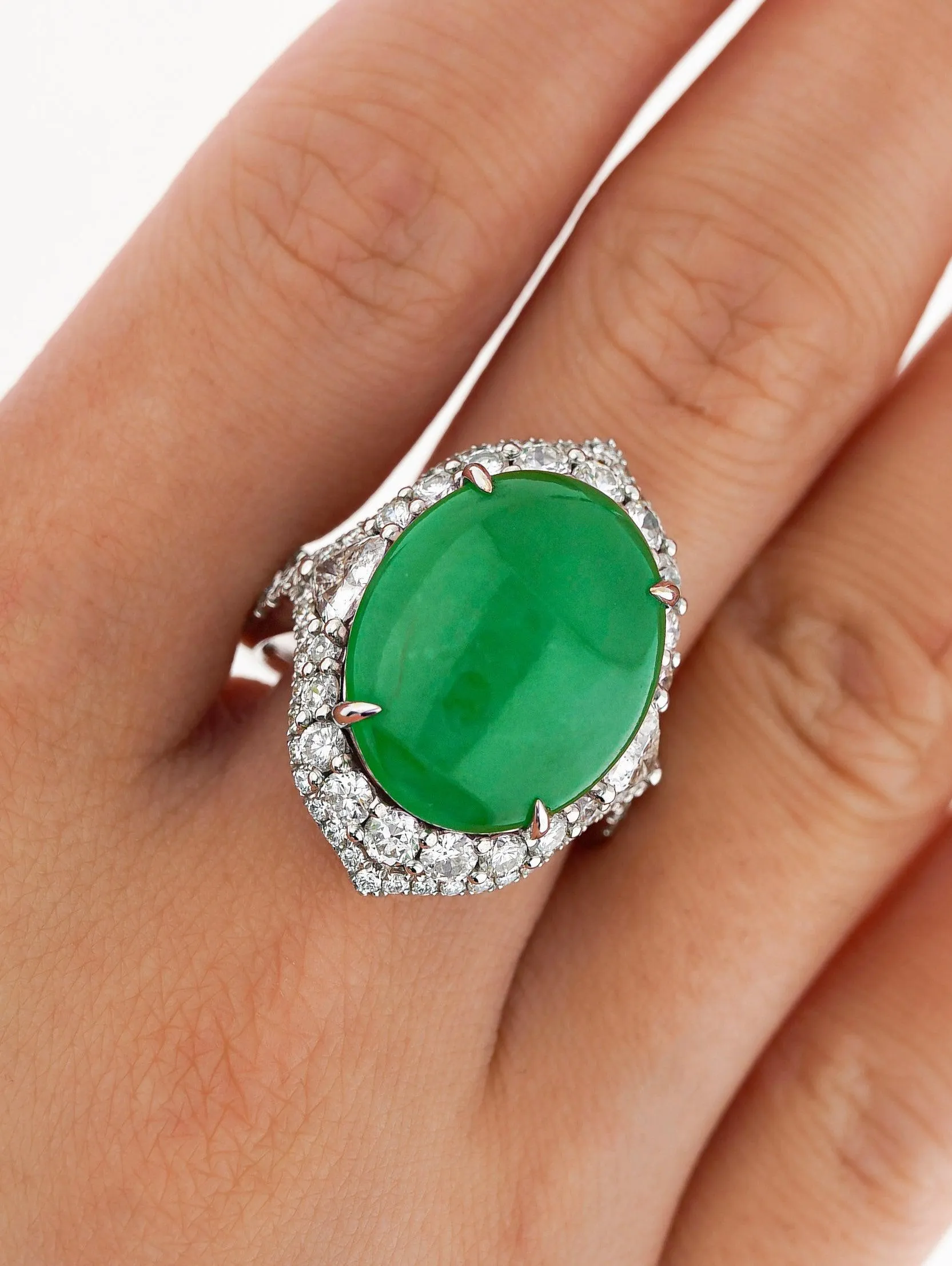 GIA Certified 14.68 Carat Grade A Jadeite Jade Ring with Diamond in 18K Gold