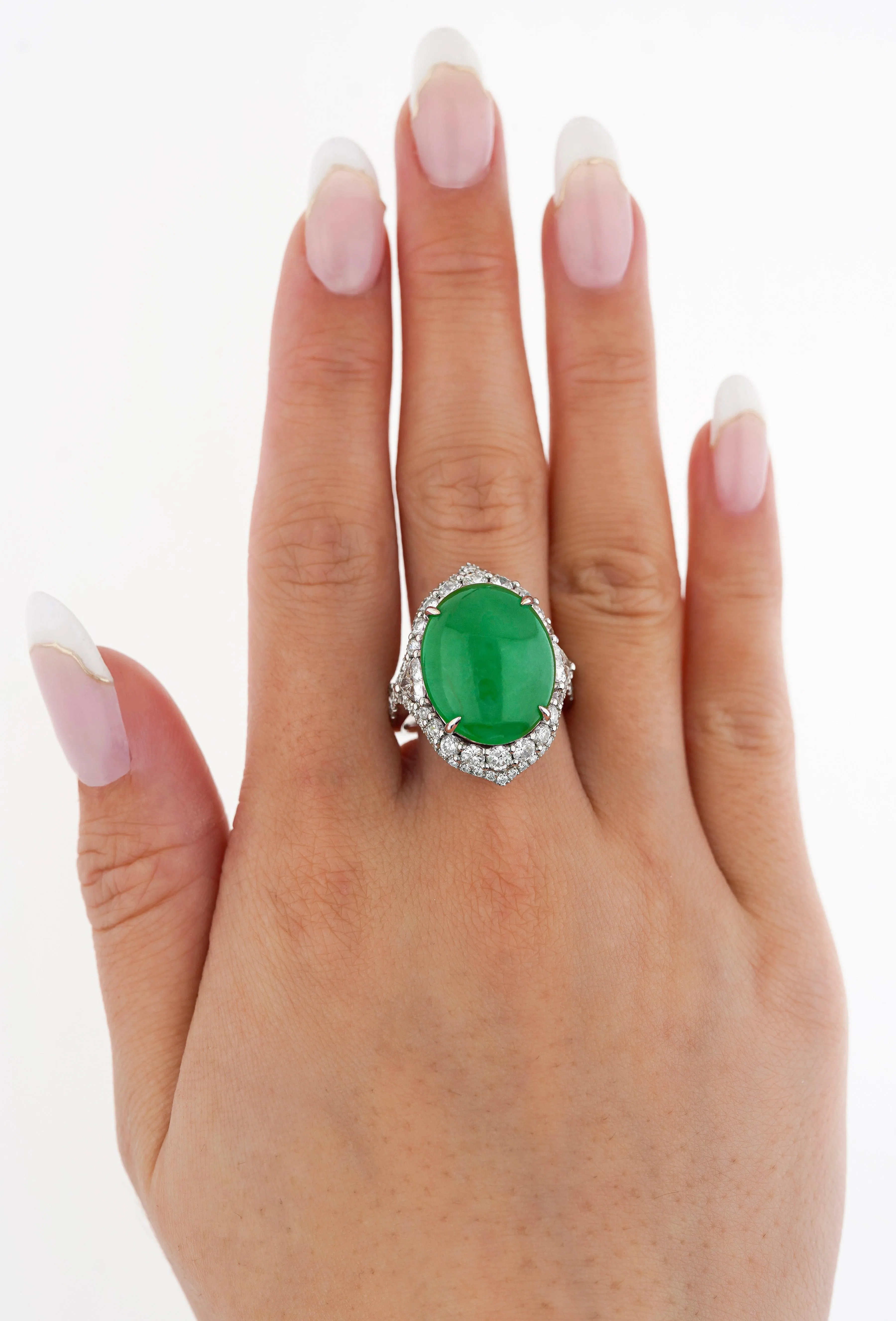 GIA Certified 14.68 Carat Grade A Jadeite Jade Ring with Diamond in 18K Gold