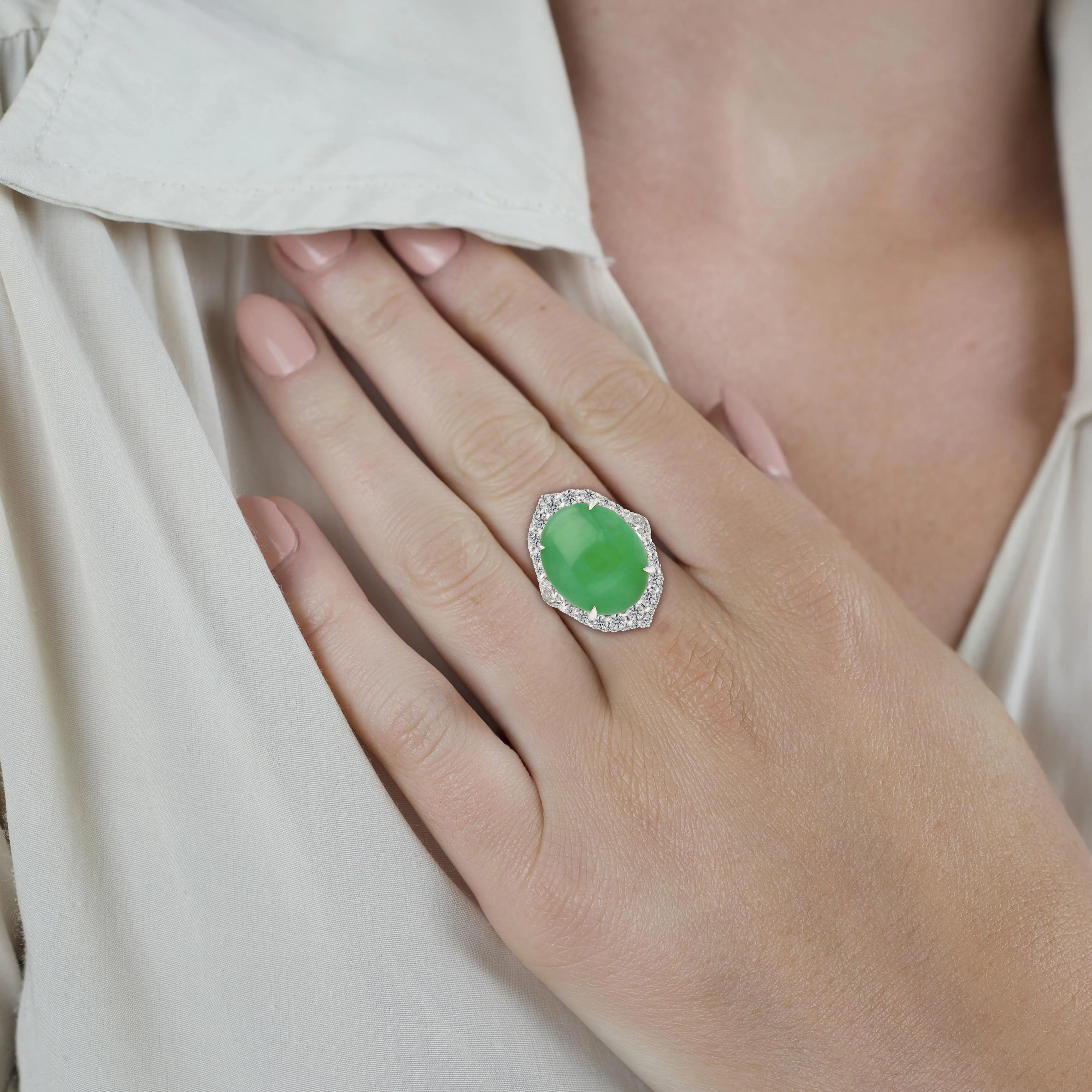 GIA Certified 14.68 Carat Grade A Jadeite Jade Ring with Diamond in 18K Gold