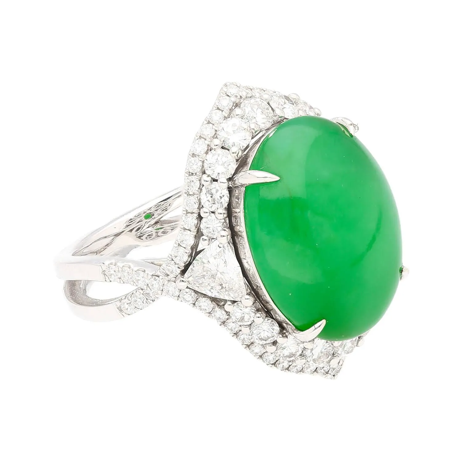 GIA Certified 14.68 Carat Grade A Jadeite Jade Ring with Diamond in 18K Gold