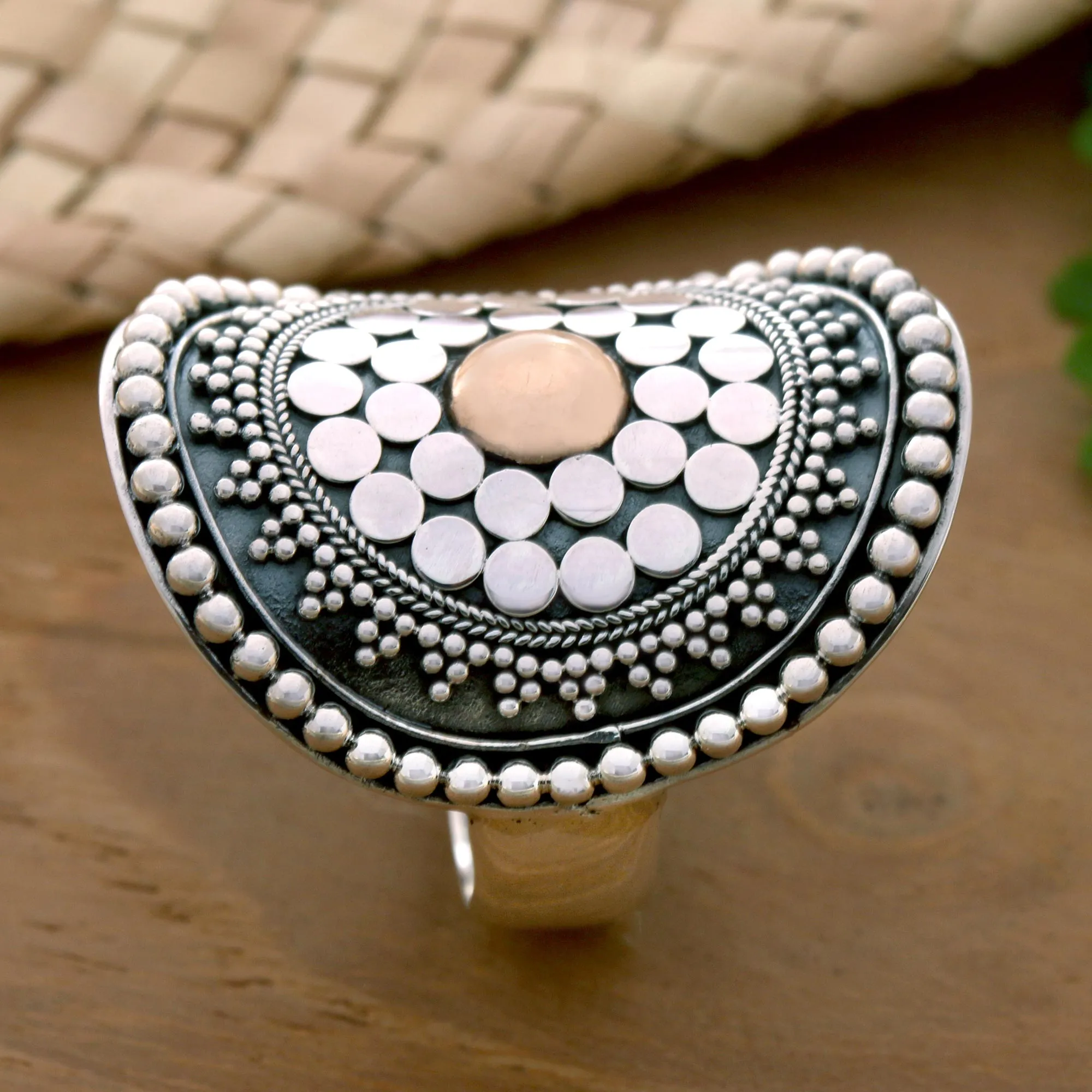 Gold-Accented Sterling Silver Cocktail Ring from Bali - Shield of Life | NOVICA