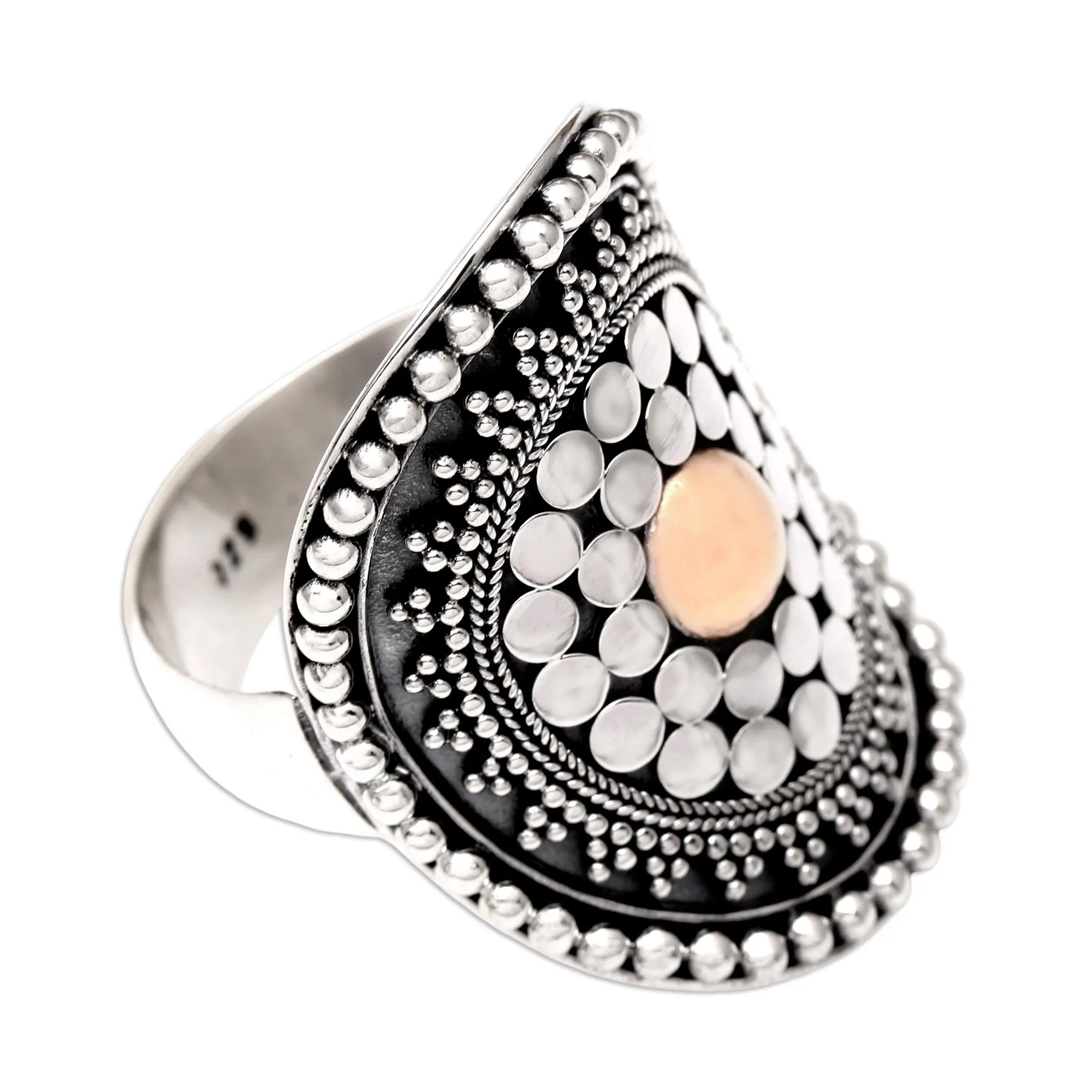 Gold-Accented Sterling Silver Cocktail Ring from Bali - Shield of Life | NOVICA