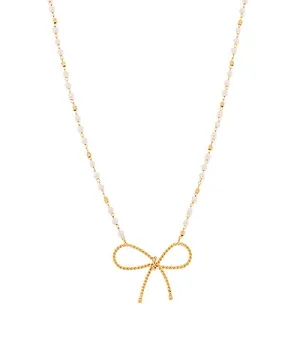 Gold Pearl Chain Bow Necklace