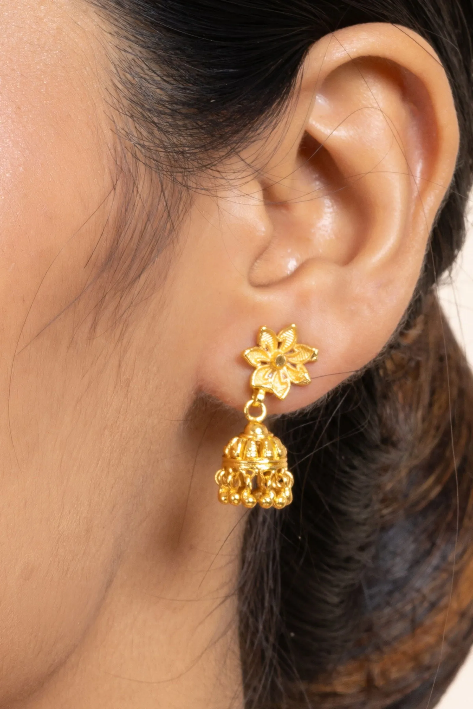 Gold Plated 1.5g Small Floral Stud Jhumka Earrings - Elegant Jewelry for All Occasions