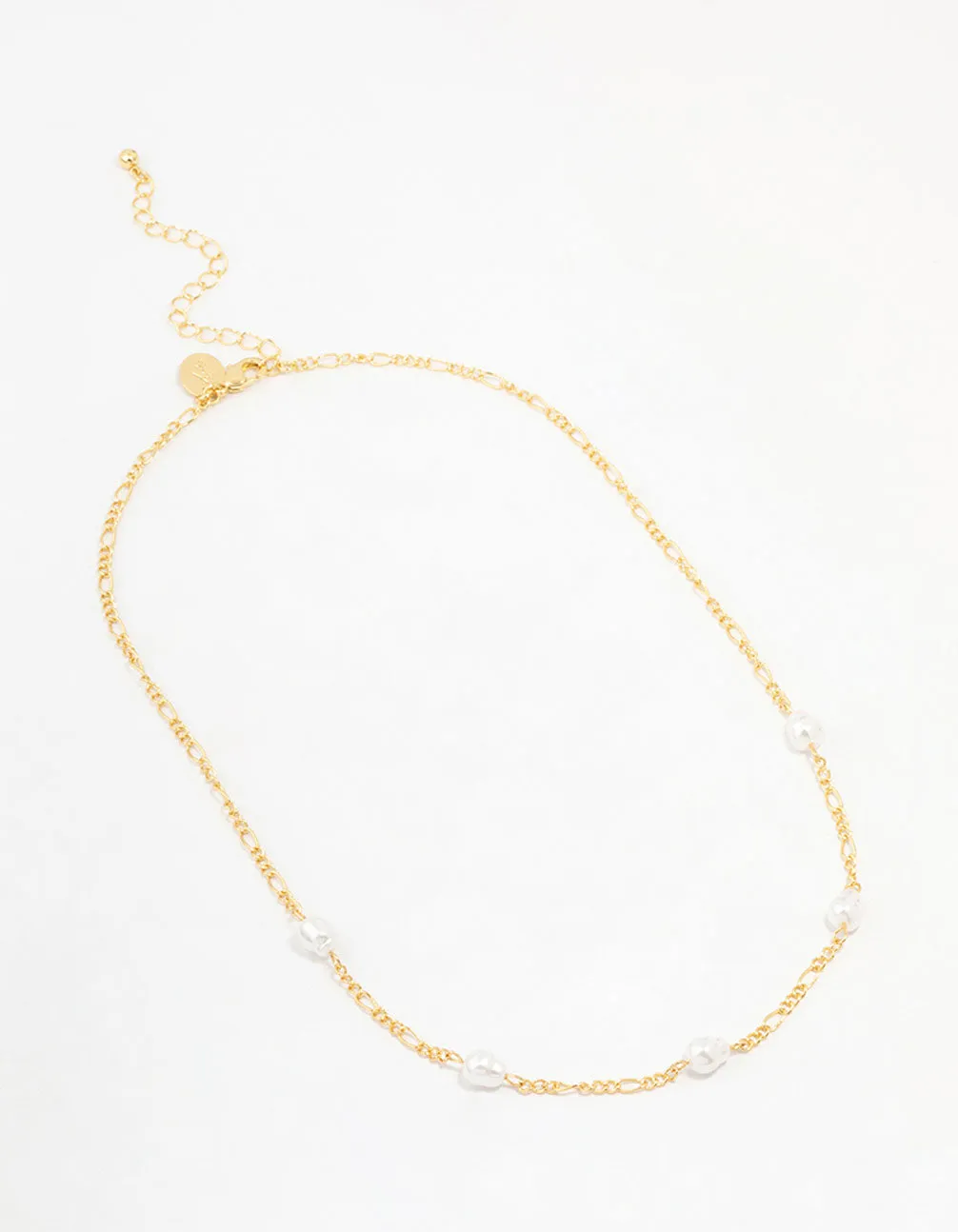 Gold Plated Figaro Pearl Station Necklace