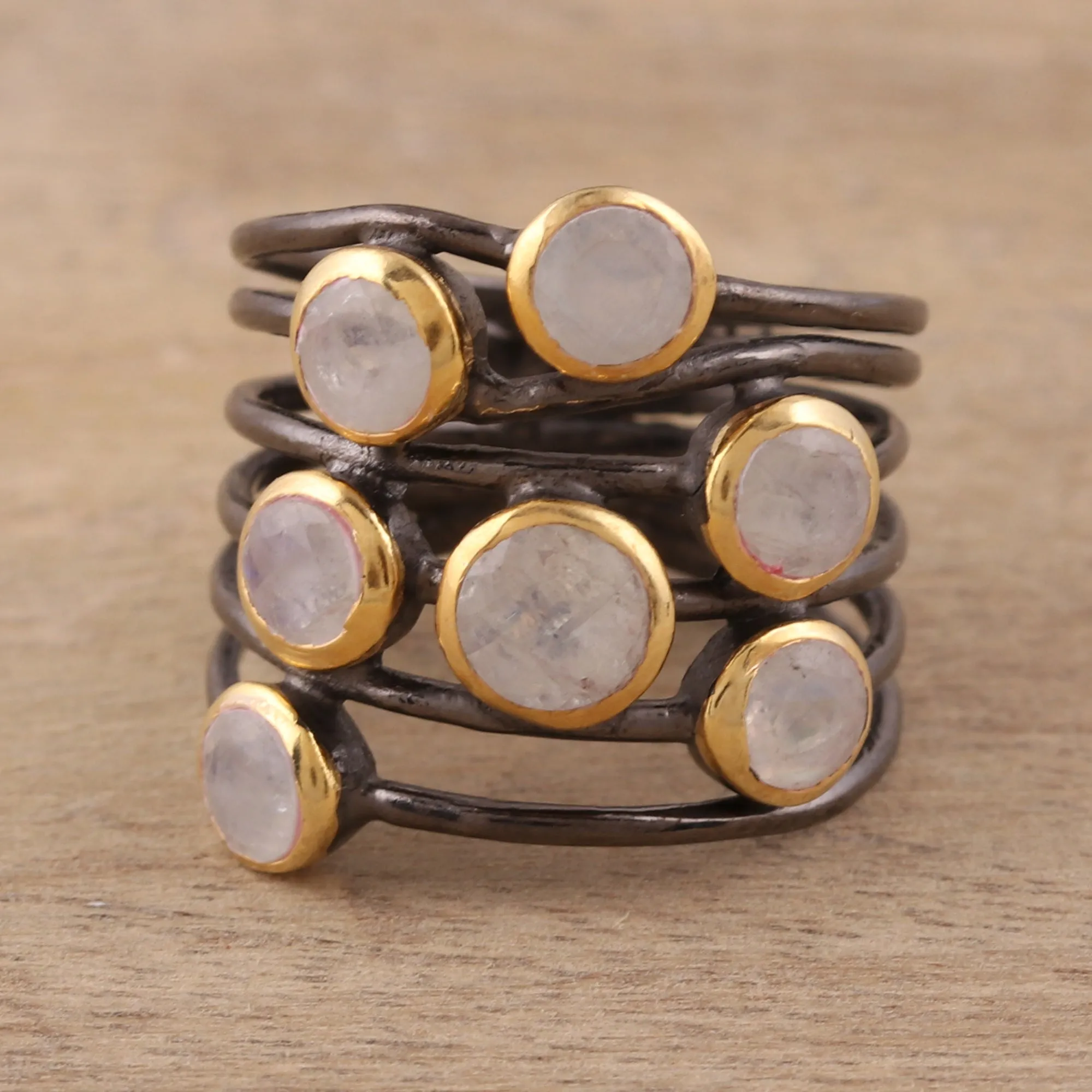 Gold Plated Sterling Silver Rainbow Moonstone Cocktail Ring - Dewy Morn | NOVICA