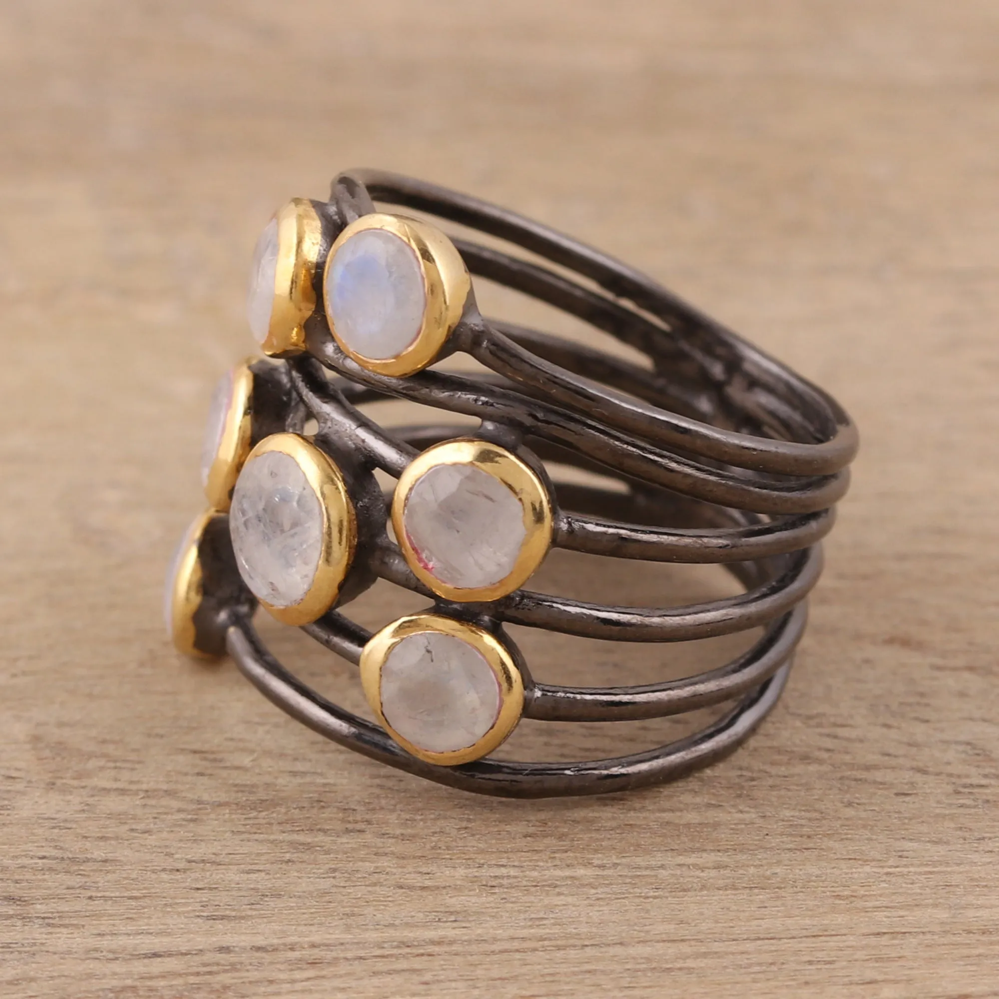 Gold Plated Sterling Silver Rainbow Moonstone Cocktail Ring - Dewy Morn | NOVICA