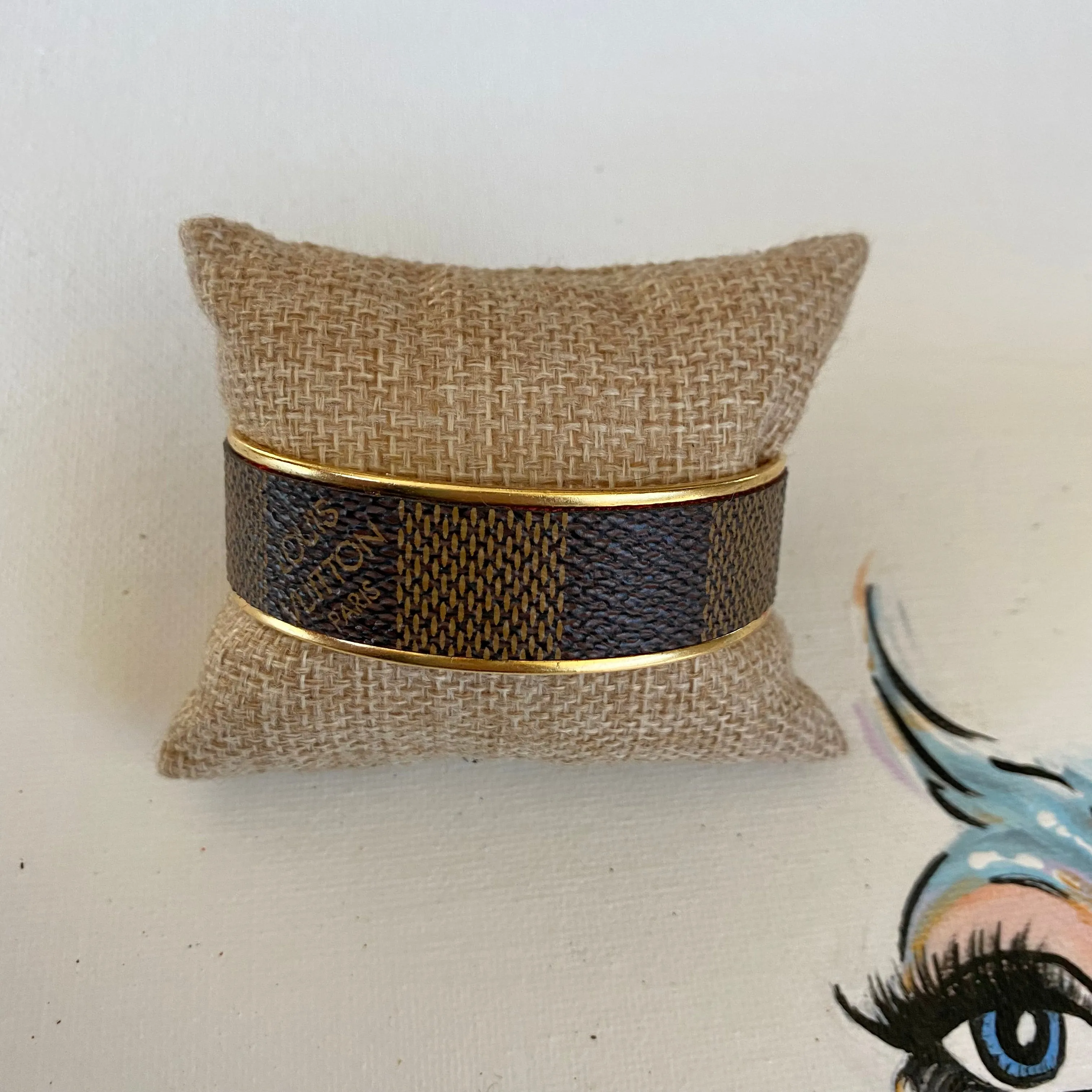 Gold-toned Adjustable Bracelet Cuff in Damier Print