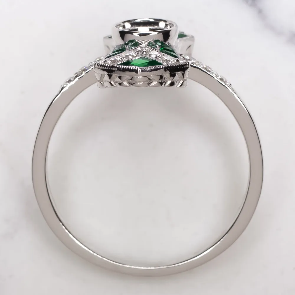 GREEN EMERALD DIAMOND RING SETTING ROUND GEOMETRIC ART DECO VINTAGE SEMI MOUNT