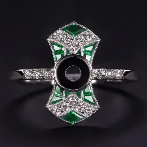 GREEN EMERALD DIAMOND RING SETTING ROUND GEOMETRIC ART DECO VINTAGE SEMI MOUNT