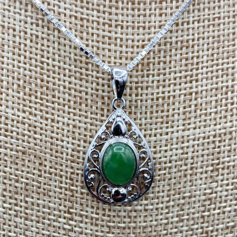 Green Jade Jewelry Sterling Silver Pear-Shape Pendant Necklace