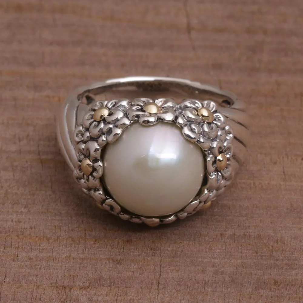 Handmade Cultured Pearl Cocktail Ring with Floral Motifs - Daisy Glow | NOVICA