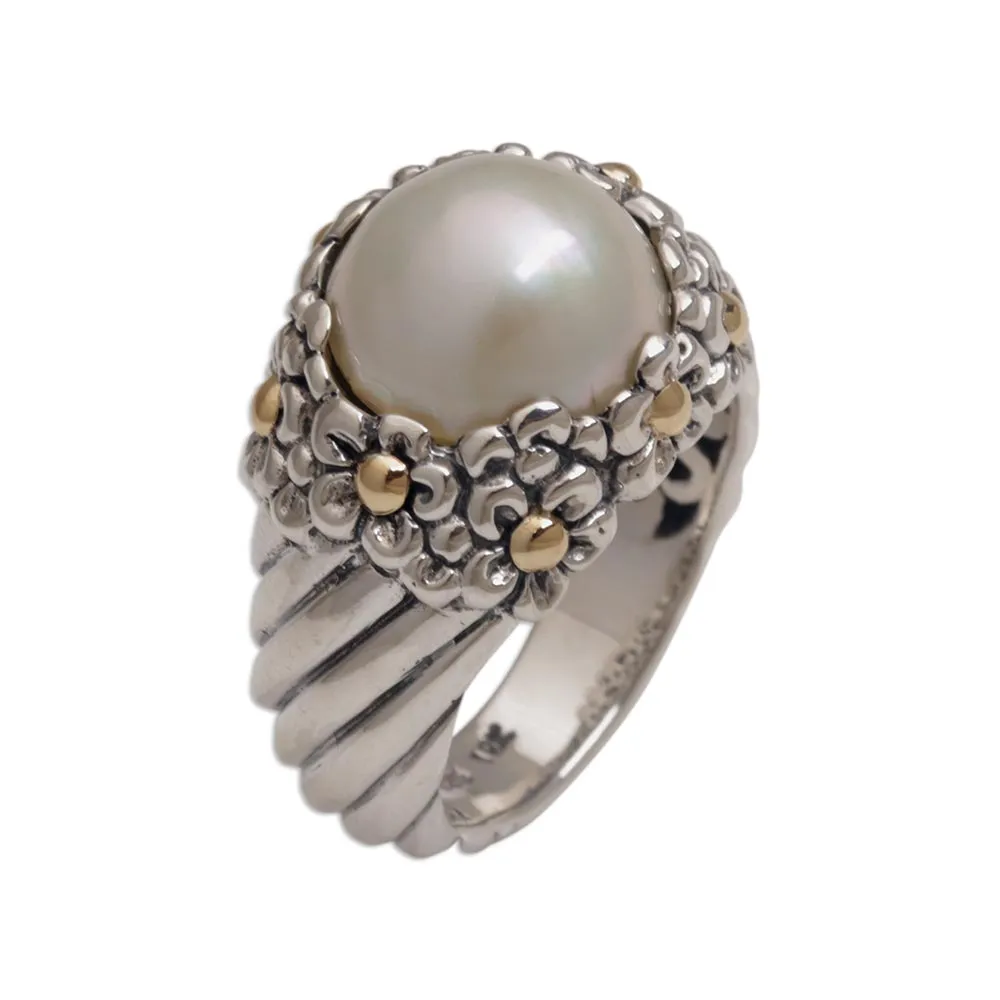 Handmade Cultured Pearl Cocktail Ring with Floral Motifs - Daisy Glow | NOVICA