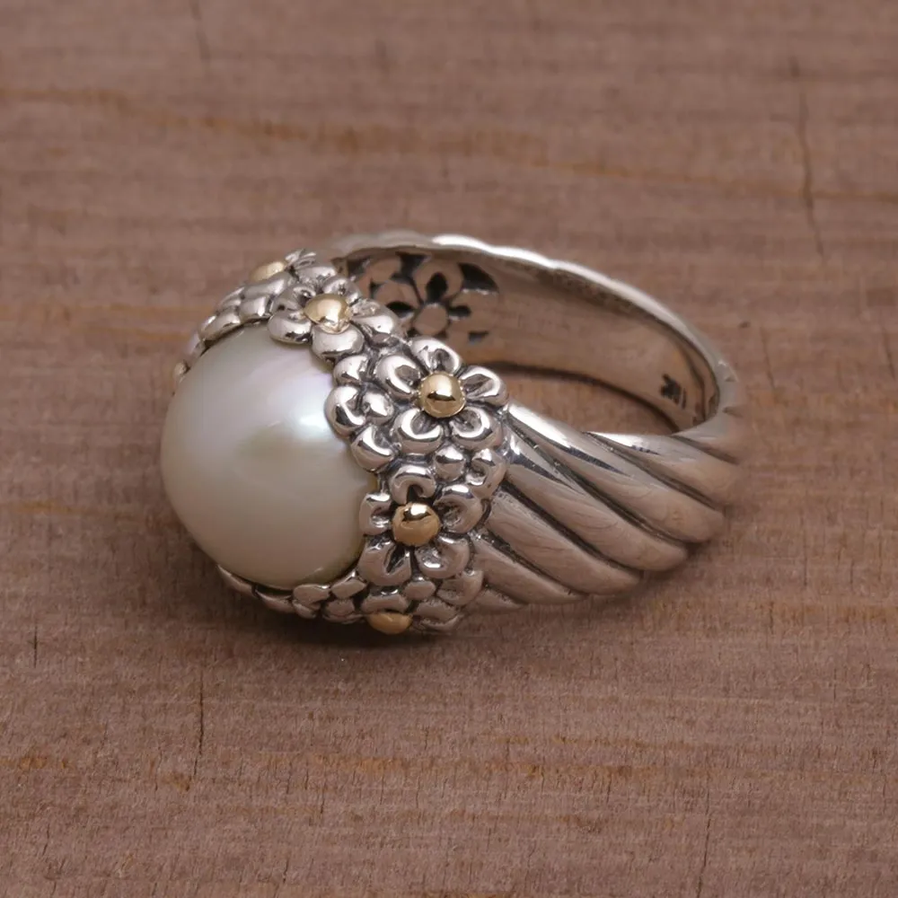 Handmade Cultured Pearl Cocktail Ring with Floral Motifs - Daisy Glow | NOVICA