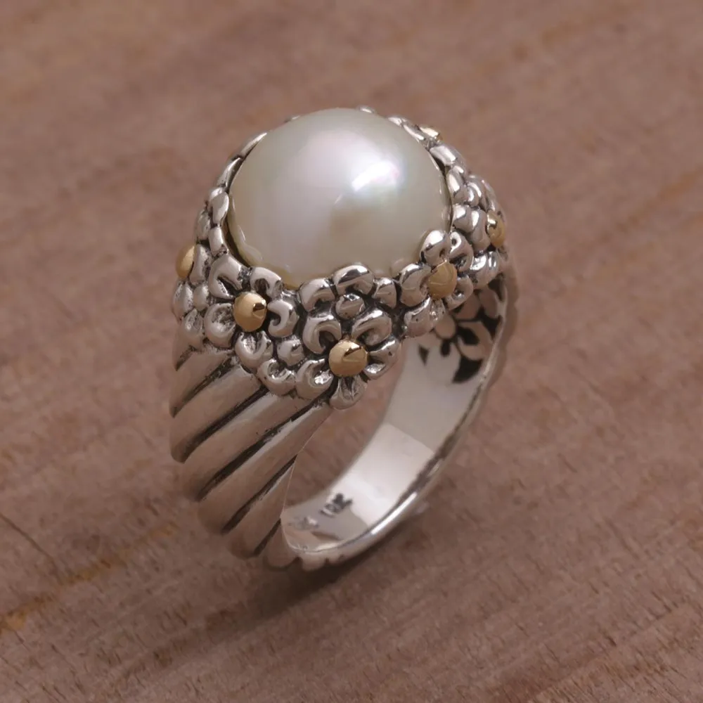 Handmade Cultured Pearl Cocktail Ring with Floral Motifs - Daisy Glow | NOVICA